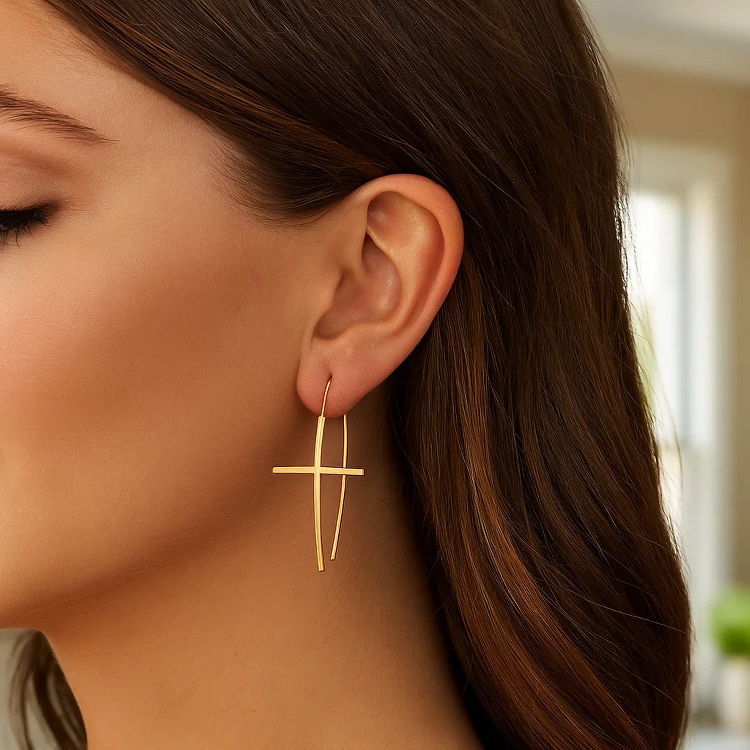 14K Yellow Gold Cross Thread Drop Earrings - Image 5