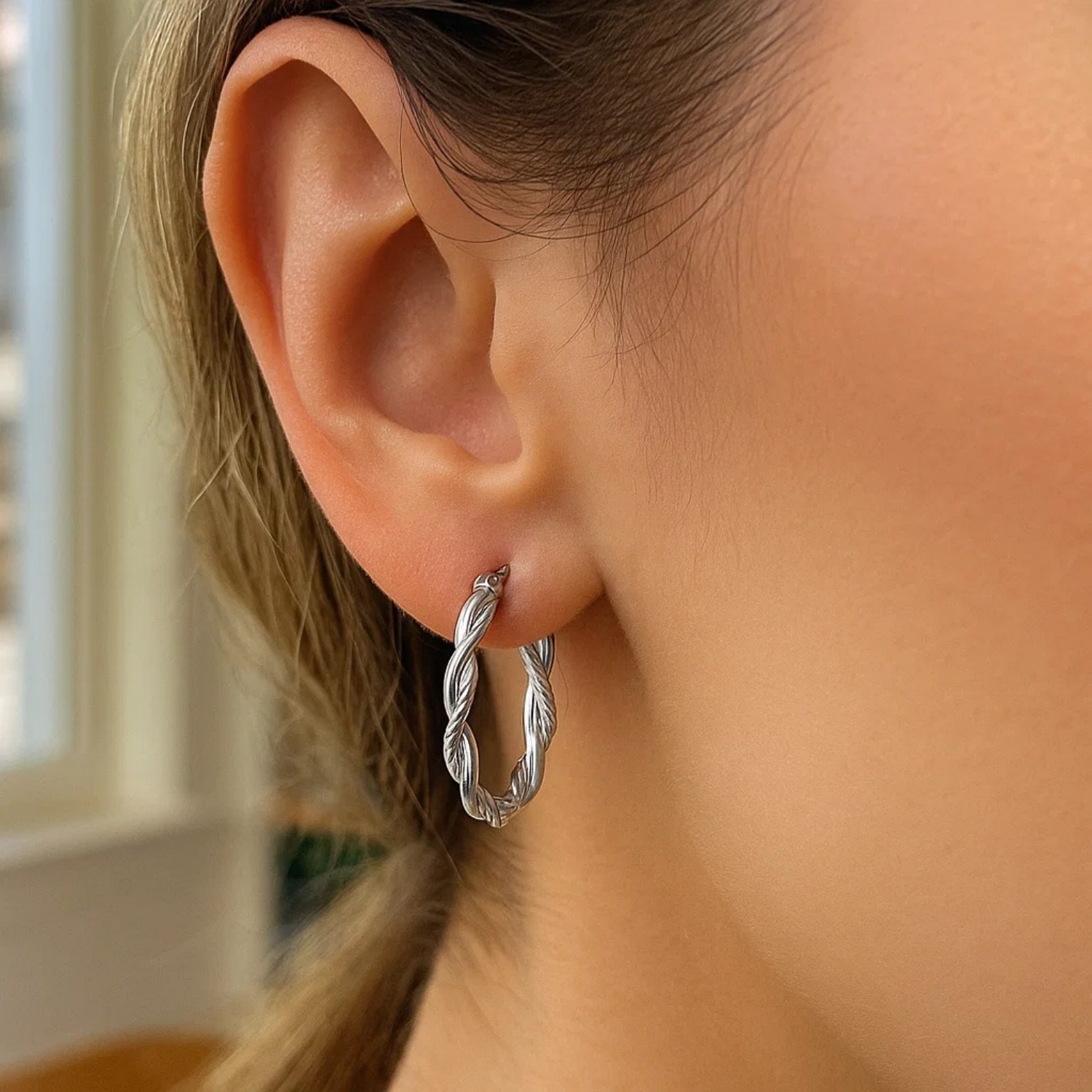 Sterling Silver Oval Hoop Braided Diamond Cut Earrings(4x22mm) - Image 3