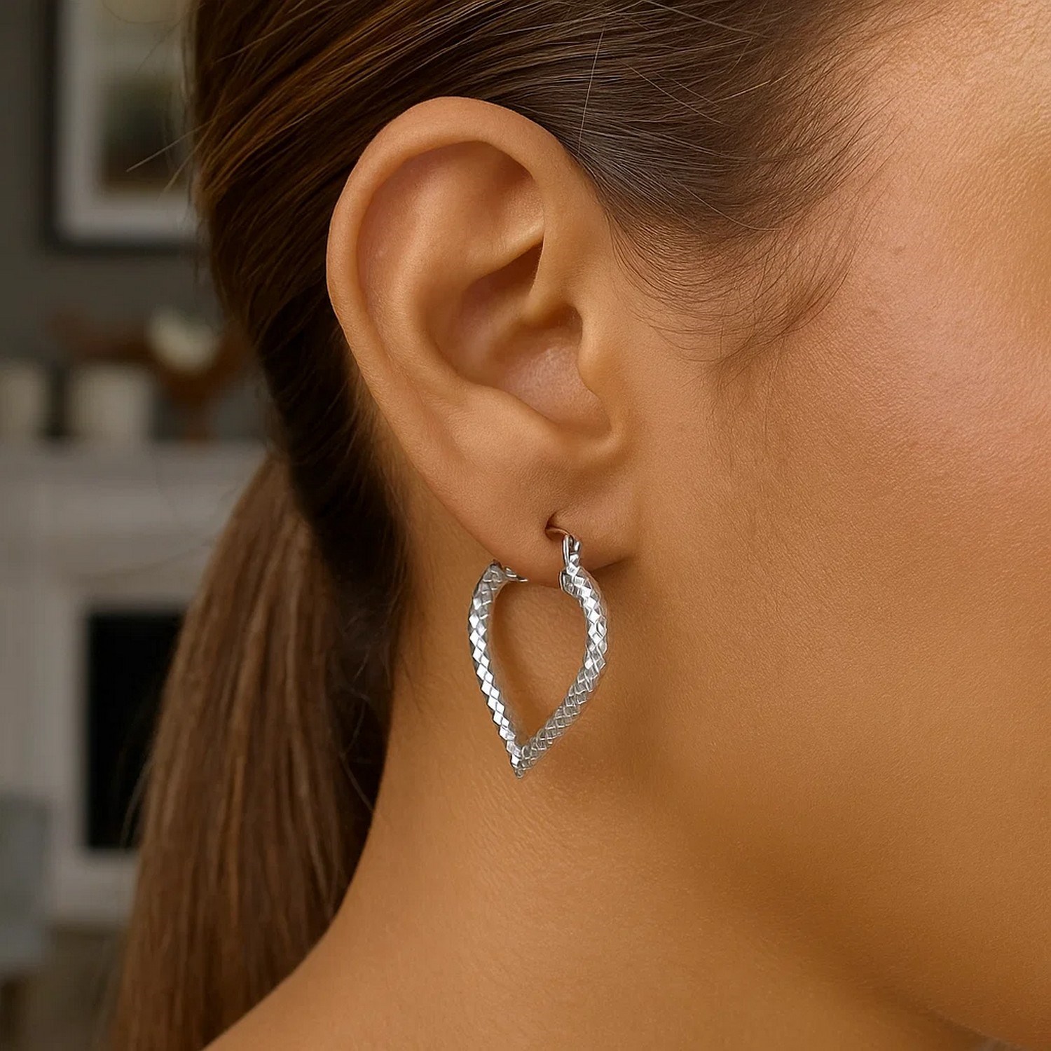 Sterling Silver Rhodium Plated Heart Style Hoop Diamond Cut Earrings(3x22mm) - Image 3