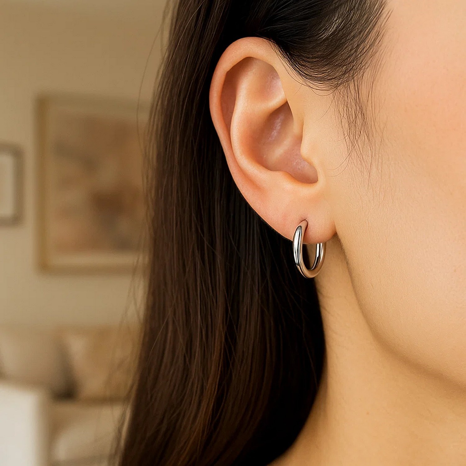14k White Gold Polished Hoop Earrings (3x15mm) - Image 3