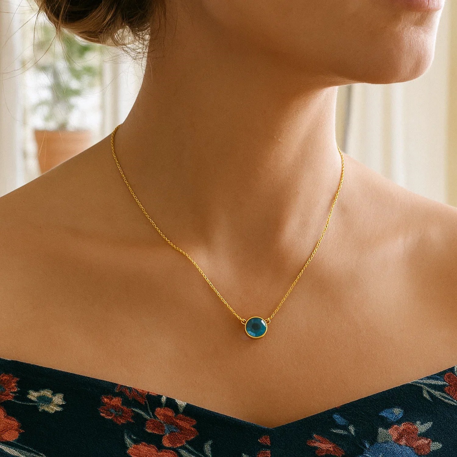14k Yellow Gold 17 inch Necklace with Round Blue Topaz - Image 4