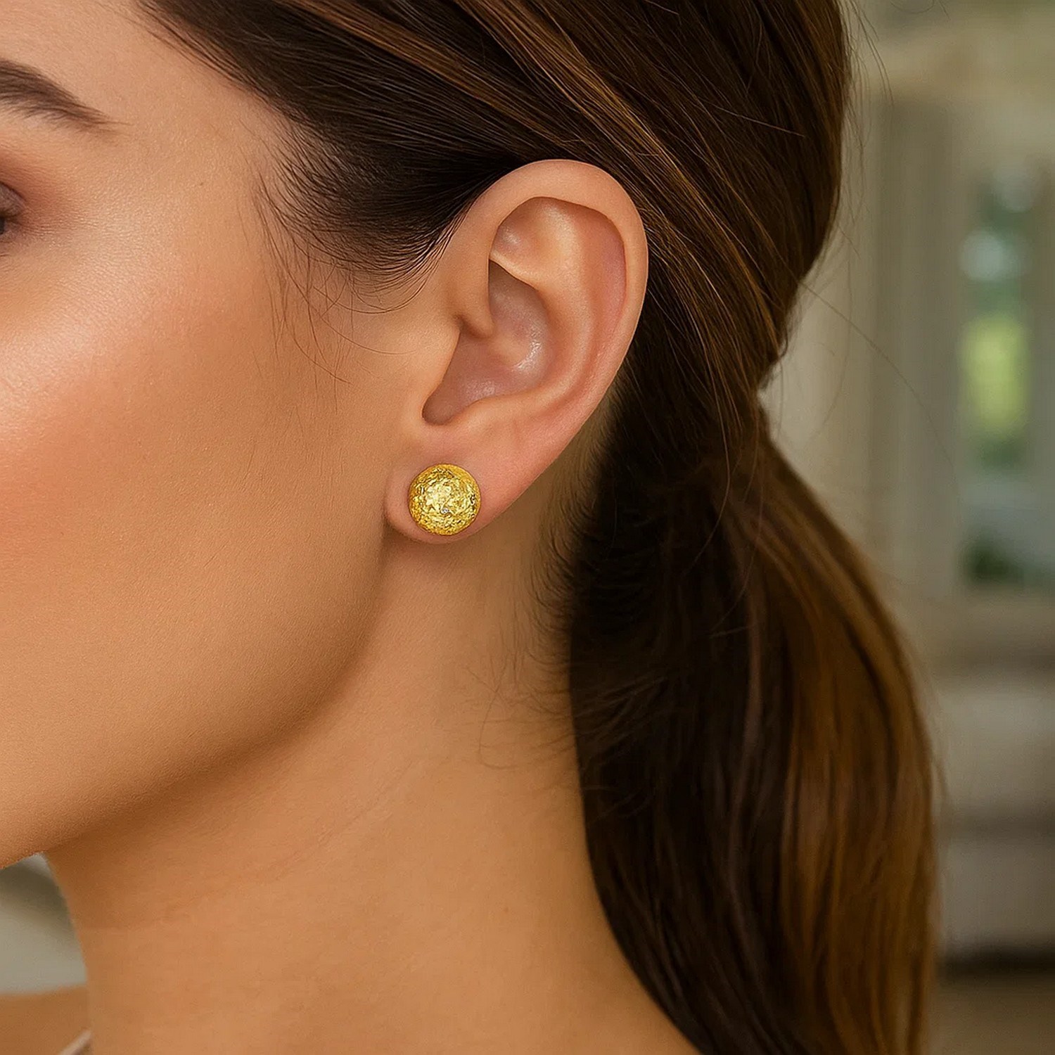14k Yellow Gold Puff Round Earrings with Diamond Cuts(11mm) - Image 3