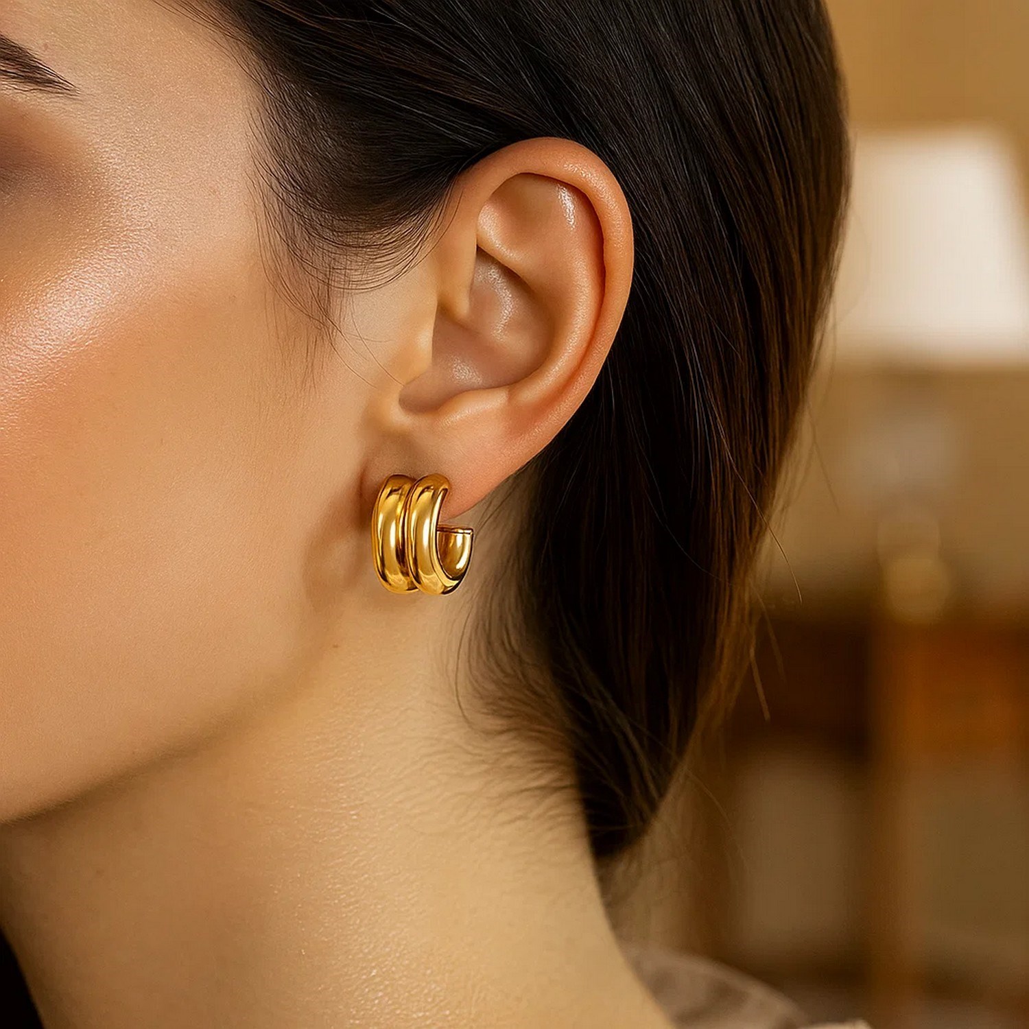 14K Yellow Gold Puffed Double Row C Hoop Earrings - Image 3