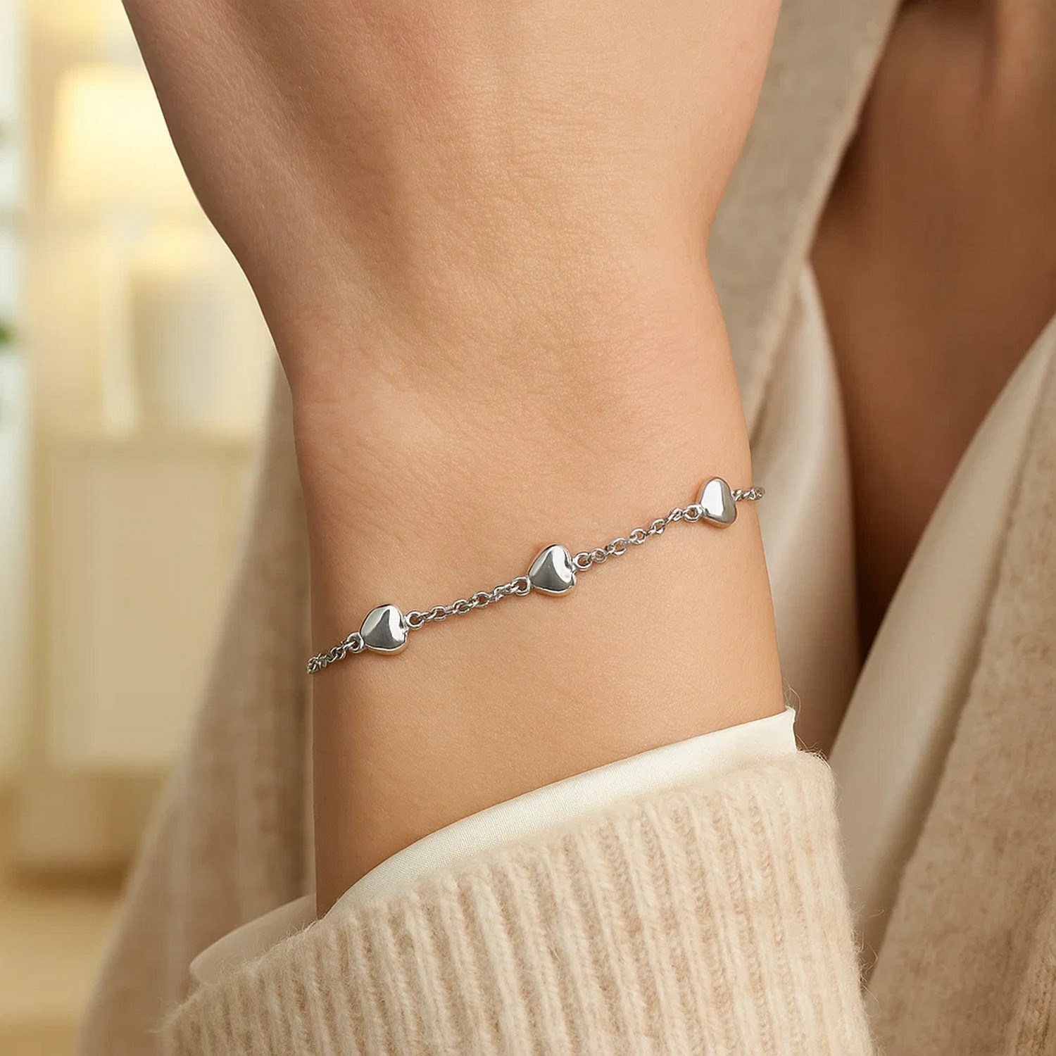 14k White Gold Rolo Chain Bracelet with Puffed Heart Stations (3.30 mm) - Image 3
