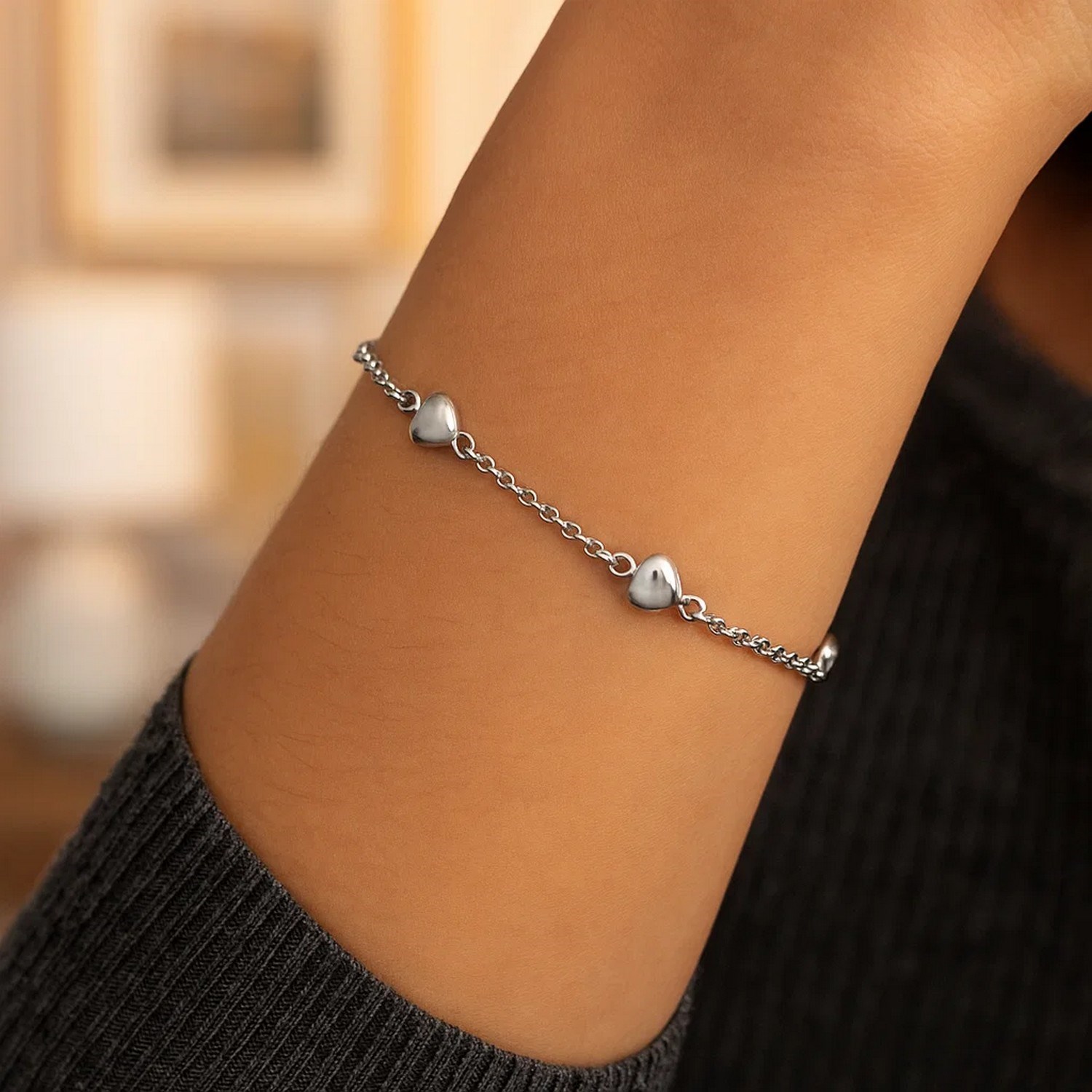 14k White Gold Rolo Chain Bracelet with Puffed Heart Stations (3.30 mm) - Image 4