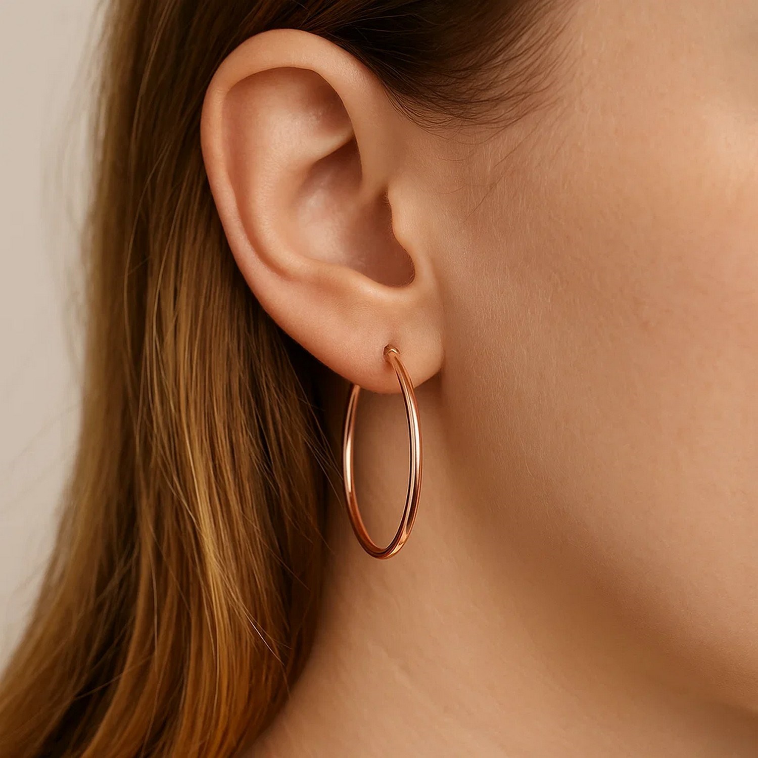 14k Rose Gold Polished Hoop Earrings (2x25mm) - Image 4