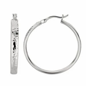 Sterling Silver Hammered Style Hoop Earrings with Rhodium Plating (4x30mm)