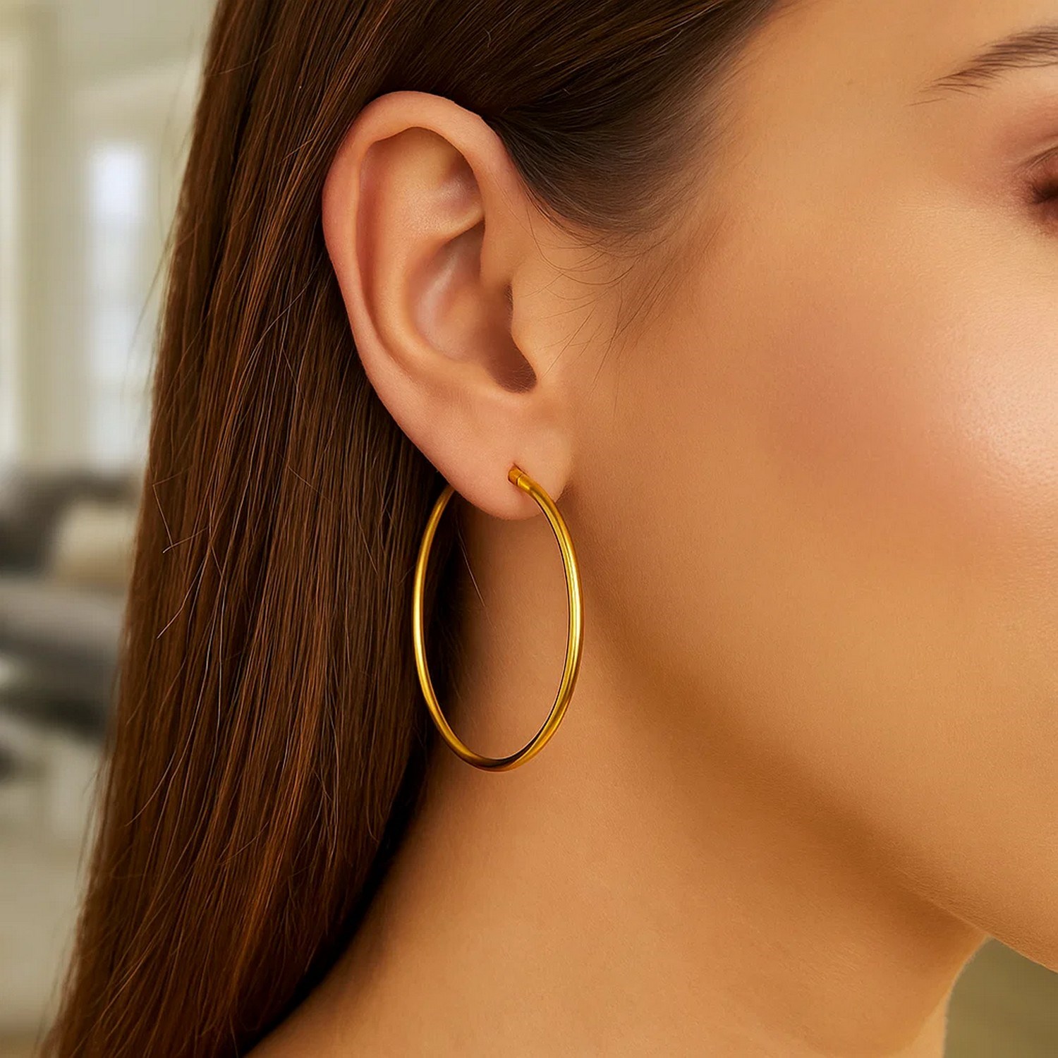 14k Yellow Gold Polished Hoop Earrings (2x45mm) - Image 5