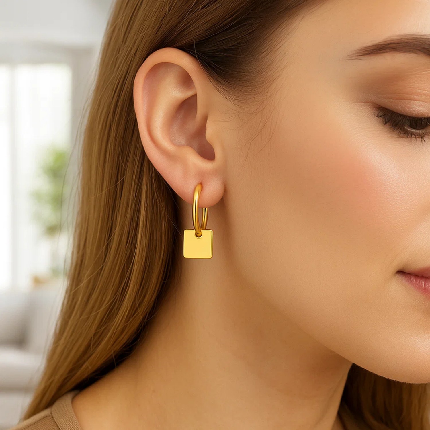 14k Yellow Gold Huggie Style Hoop Earrings with Square Drops - Image 2
