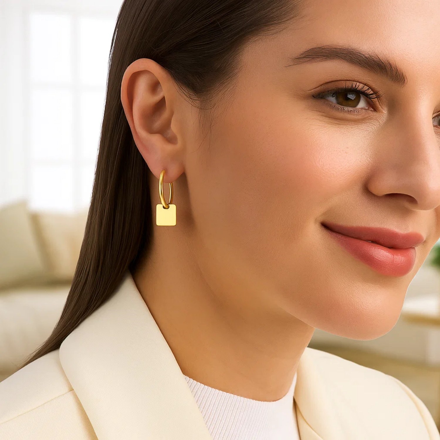 14k Yellow Gold Huggie Style Hoop Earrings with Square Drops - Image 4