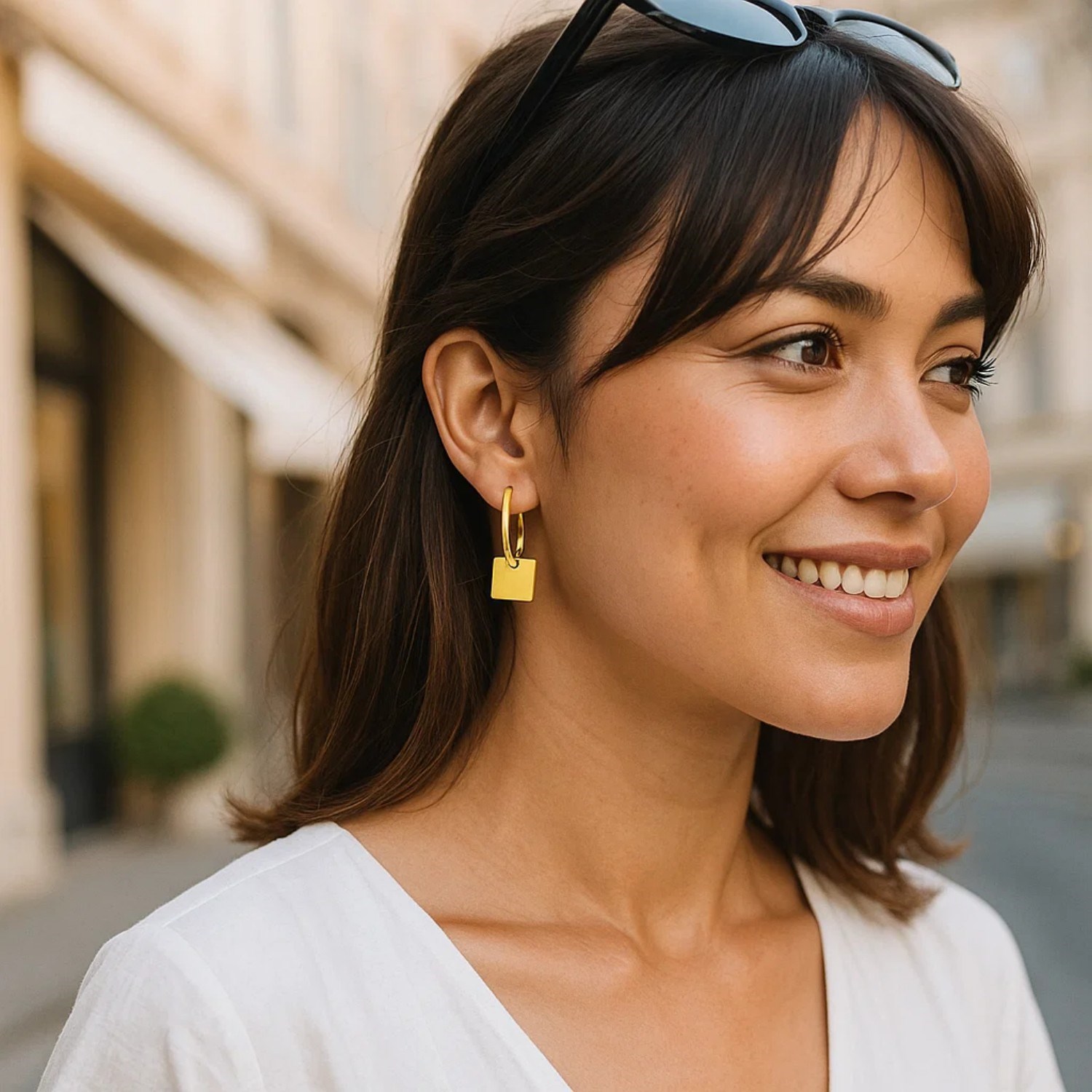 14k Yellow Gold Huggie Style Hoop Earrings with Square Drops - Image 5