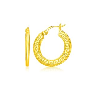 14k Yellow Gold Greek Key Medium Hoop Earrings with Flat Sides