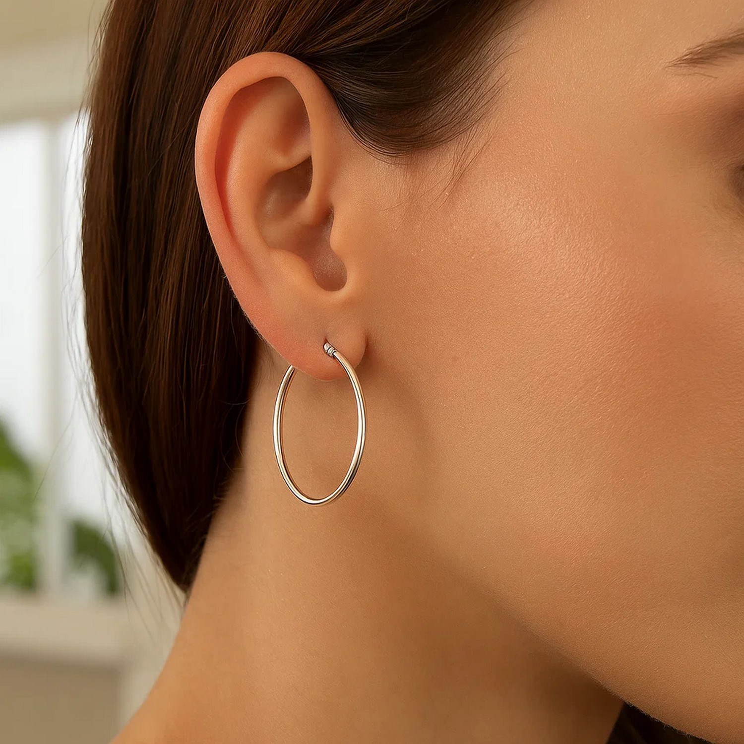 14k White Gold Polished Hoop Earrings (2x30mm) - Image 3