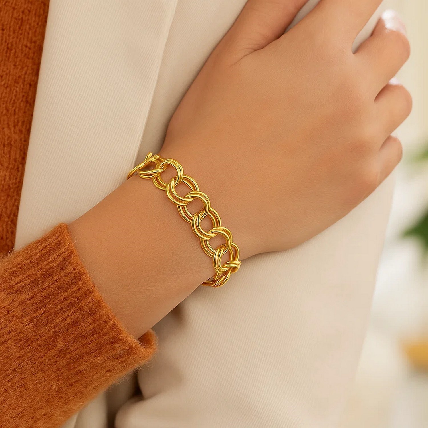 14k Yellow Gold Solid Double Link Charm Bracelet (10.00 mm) - Image 4