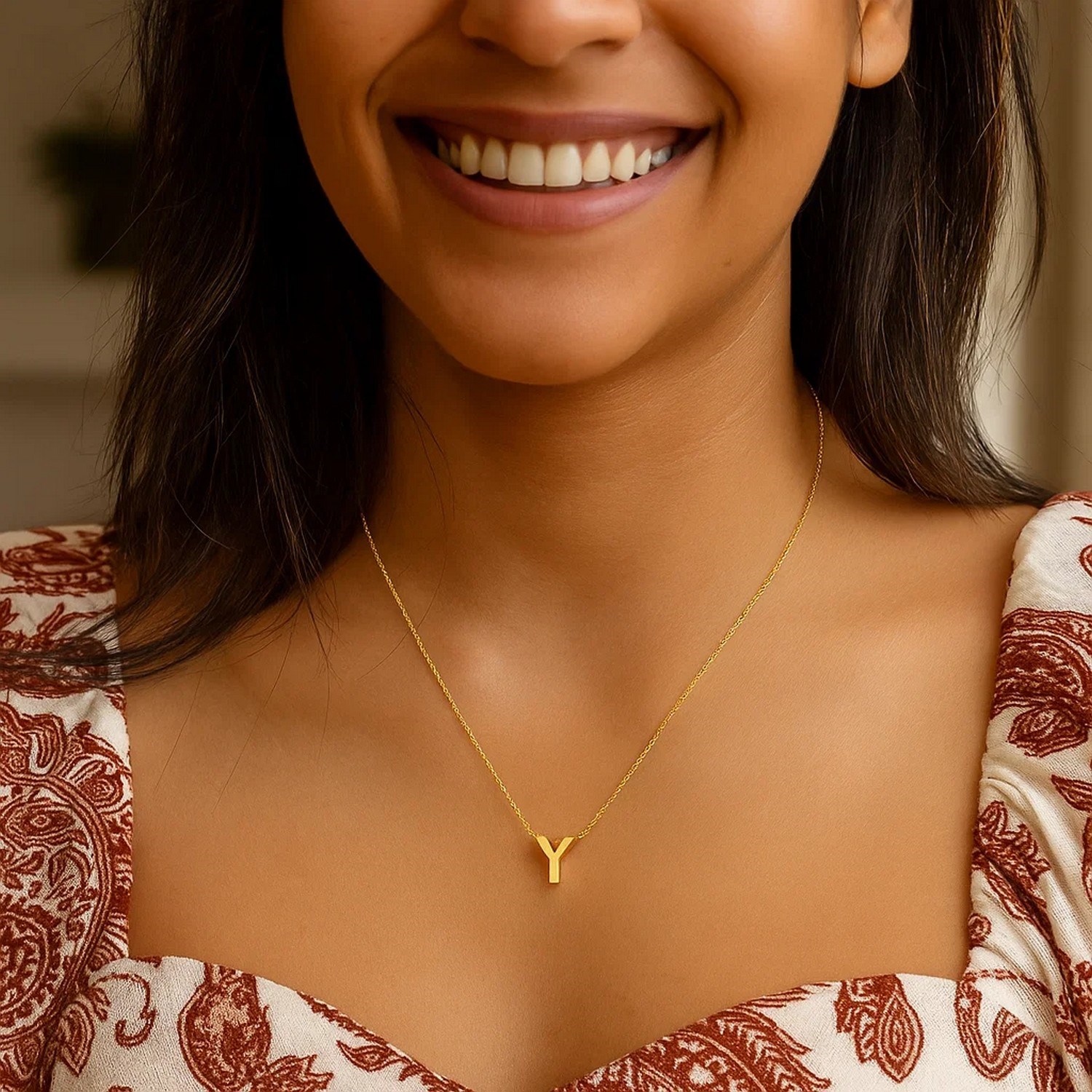 14K Yellow Gold Yours Truly Block Letter Initial Y Necklace - Image 3