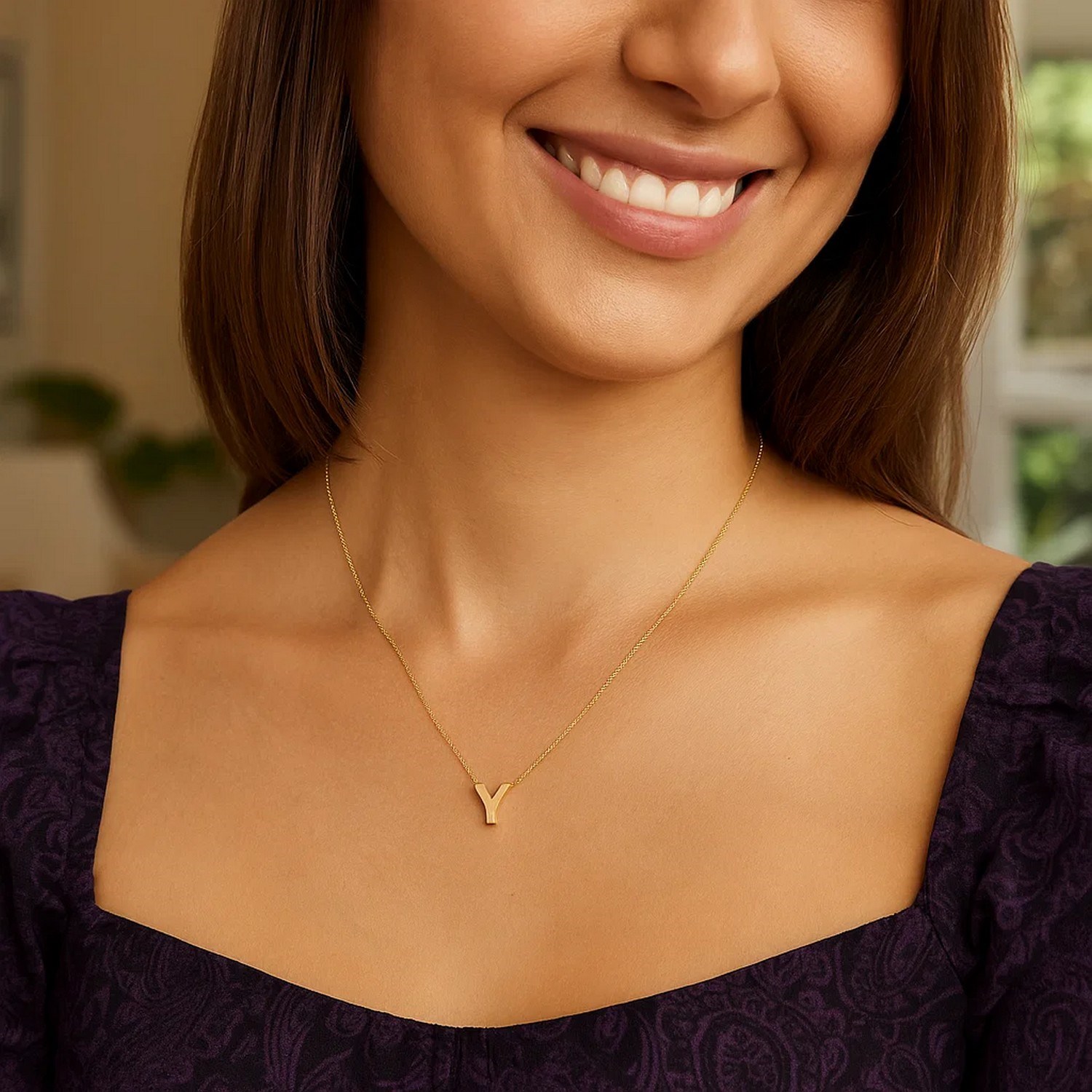 14K Yellow Gold Yours Truly Block Letter Initial Y Necklace - Image 4