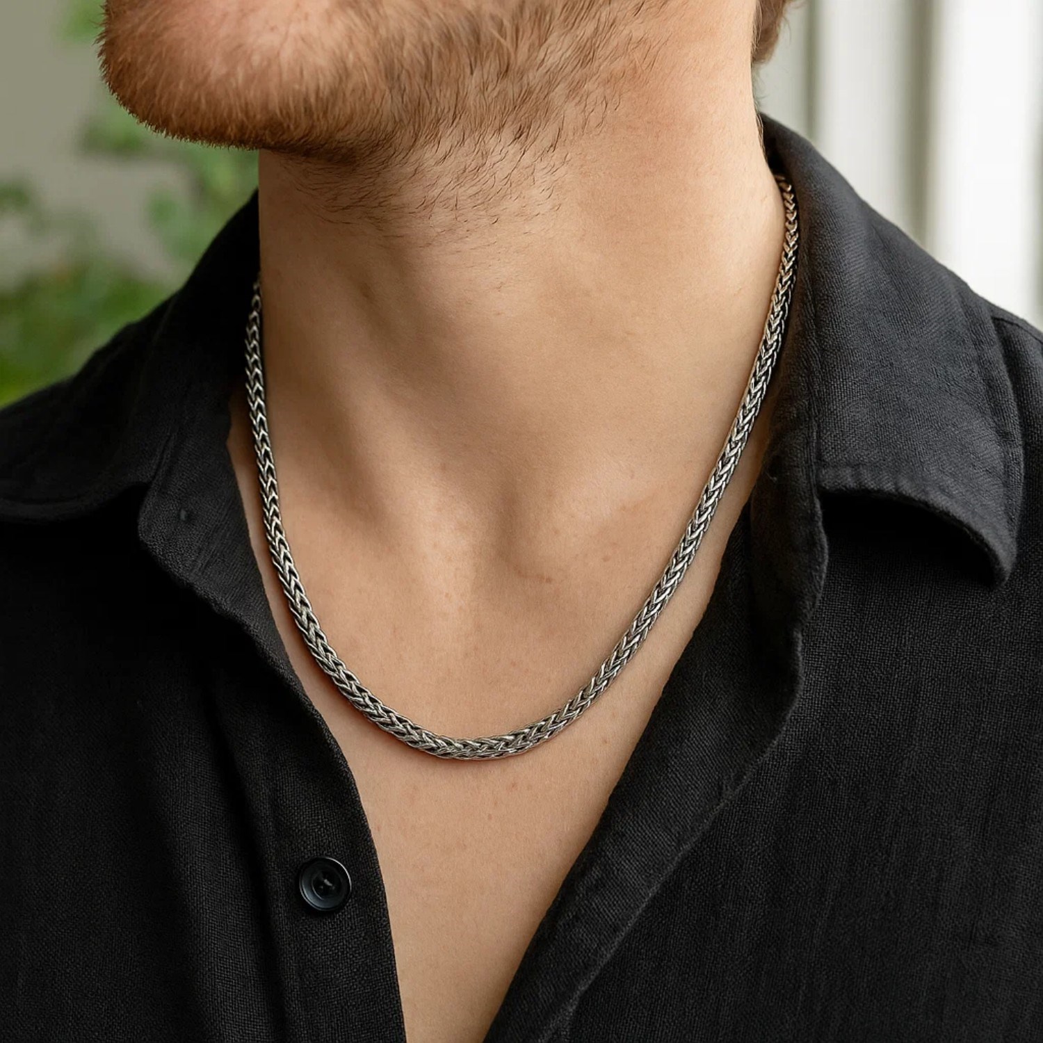 Oxidized Sterling Silver Wheat Style Chain Men's Necklace - Image 2