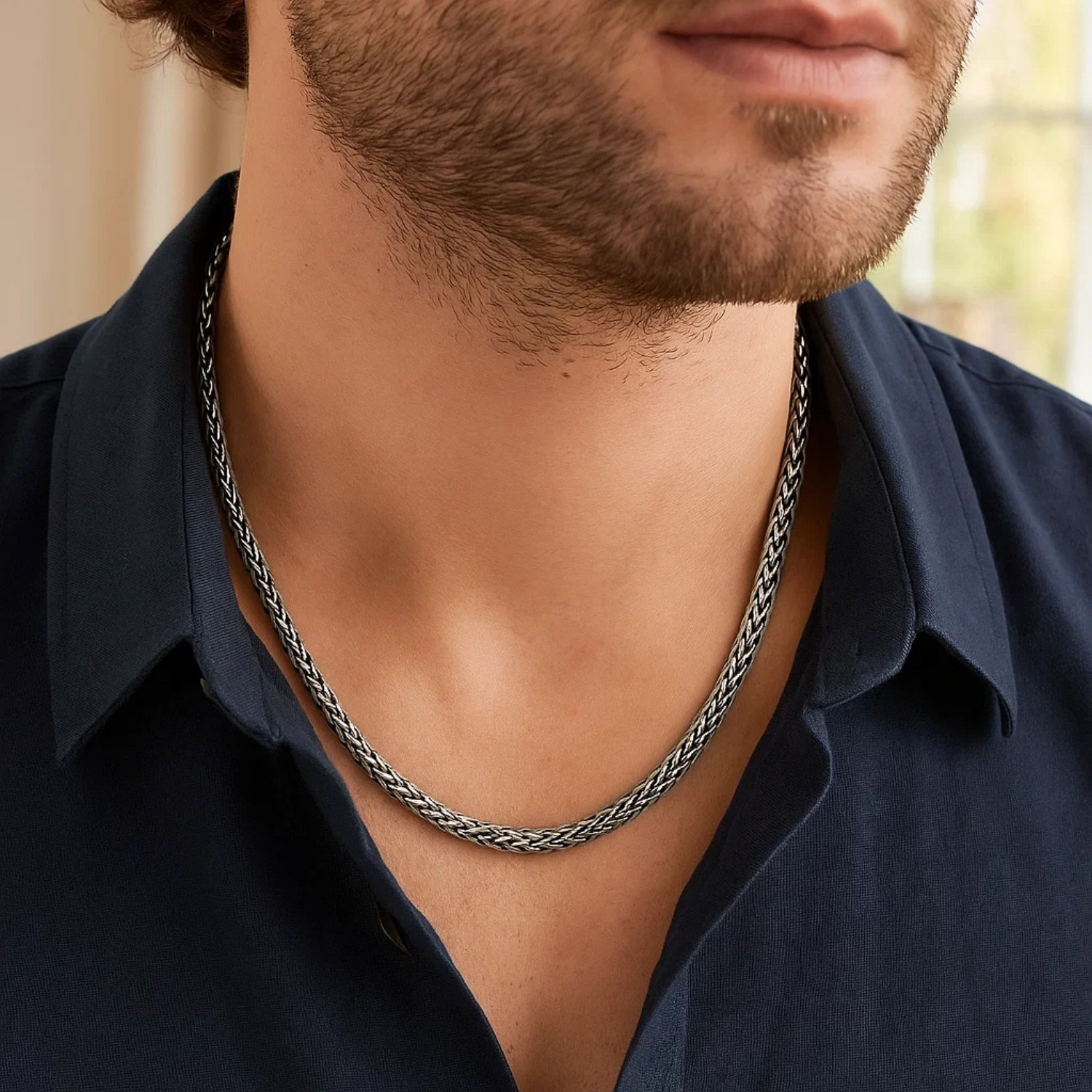 Oxidized Sterling Silver Wheat Style Chain Men's Necklace - Image 3