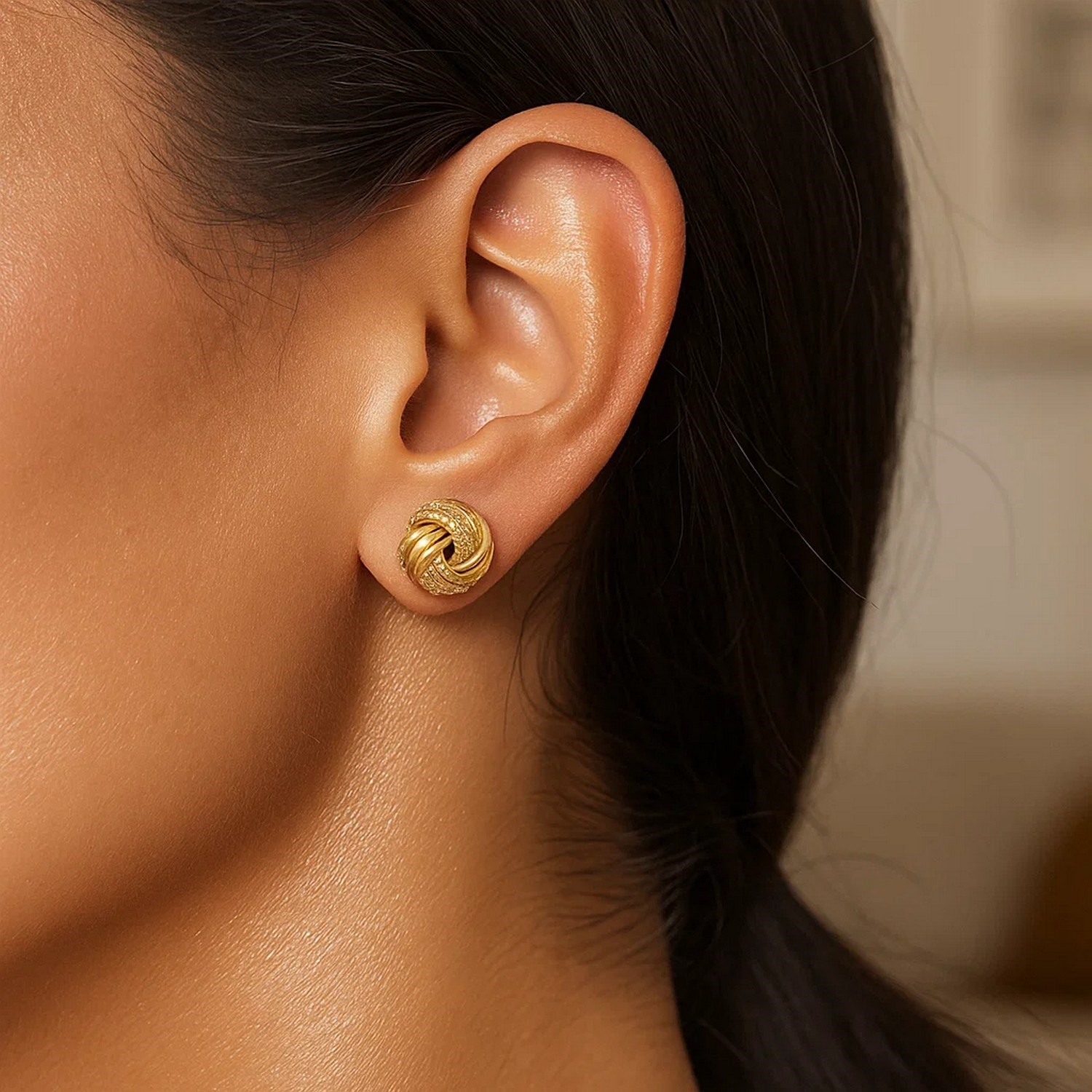 14k Yellow Gold Love Knot with Ridge Texture Earrings - Image 4