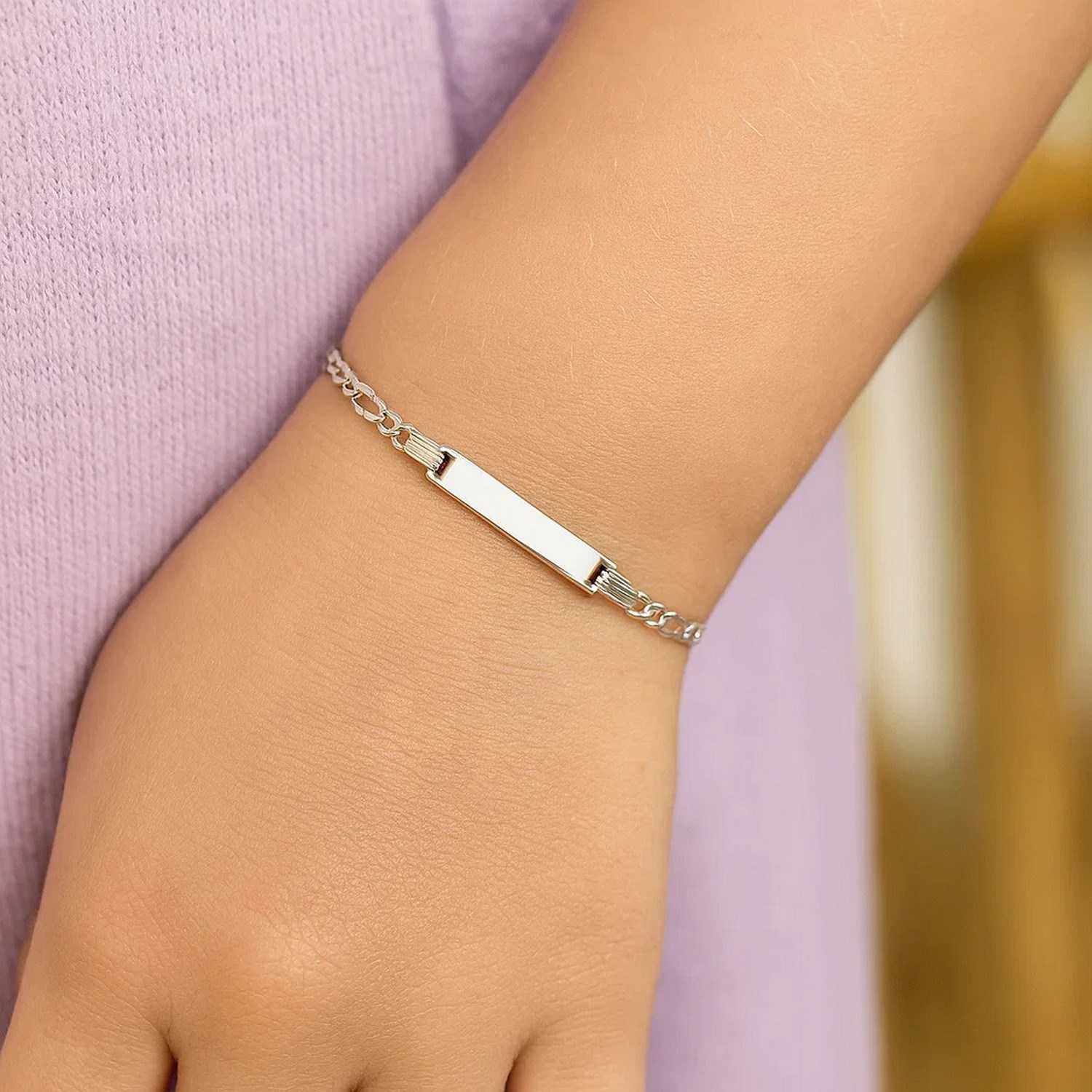14k White Gold Figaro Chain Fancy Childrens ID Bracelet (3.30 mm) - Image 4
