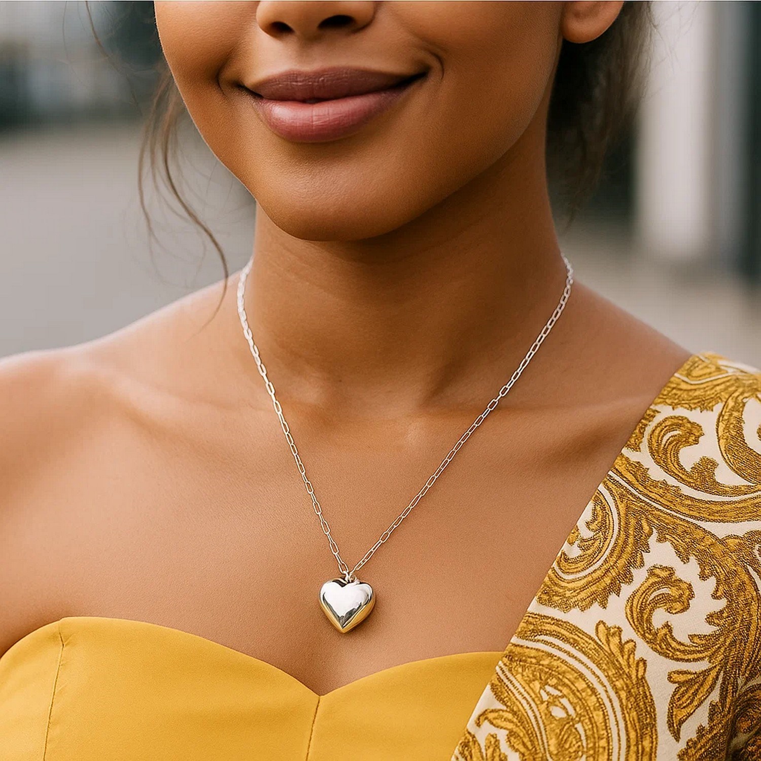 Sterling Silver Rhodium Plated Large Puffed Heart Long Necklace - Image 4