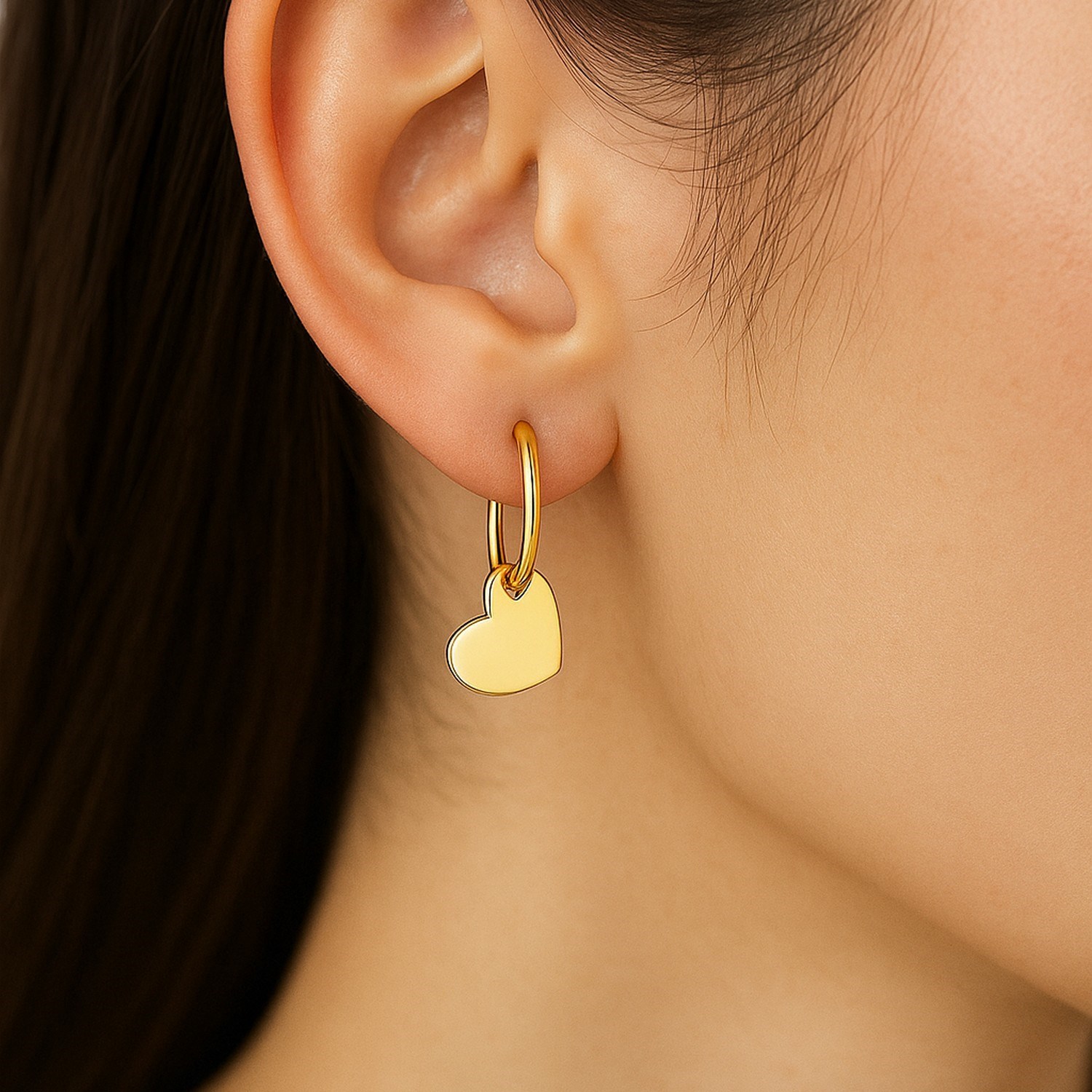 14K Yellow Gold Hoop Polished Earrings with Hearts - Image 2