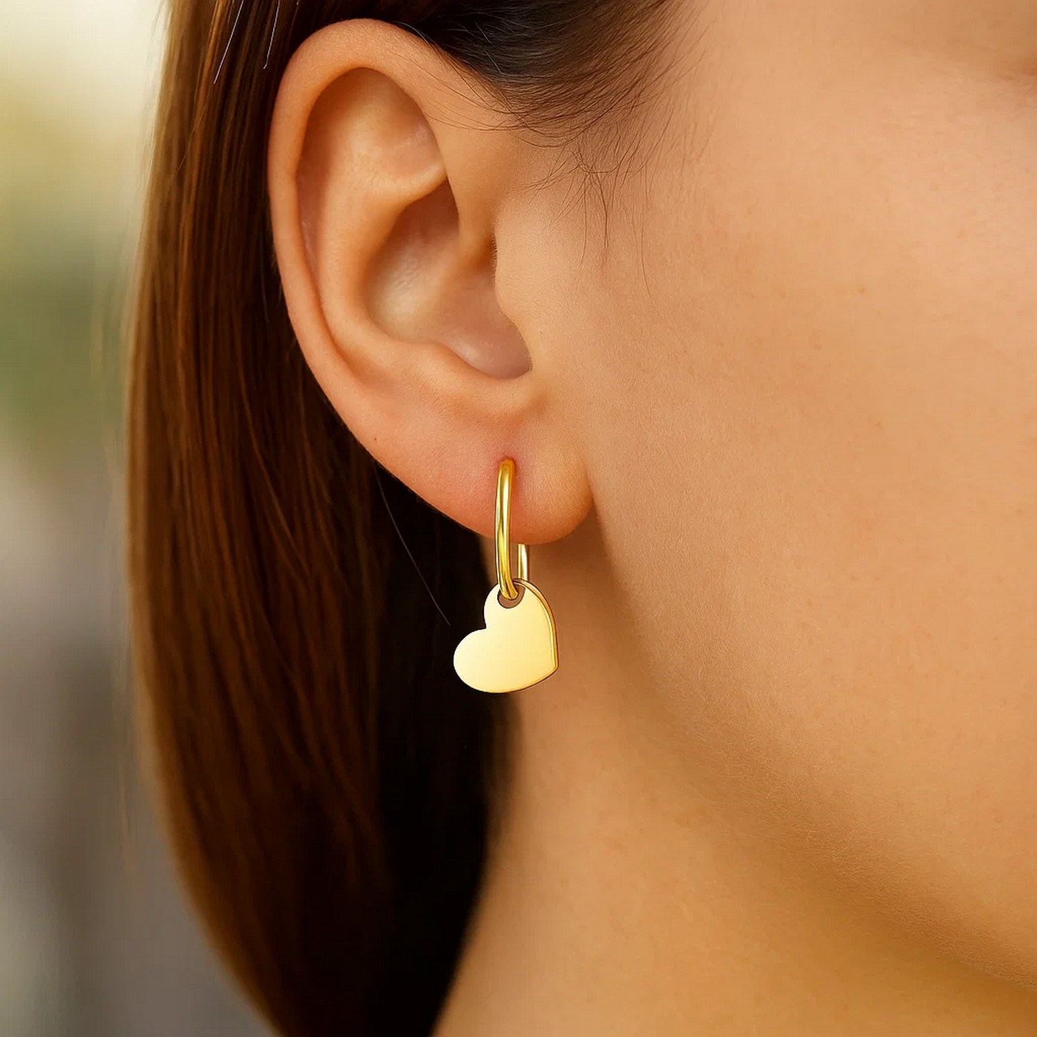 14K Yellow Gold Hoop Polished Earrings with Hearts - Image 3