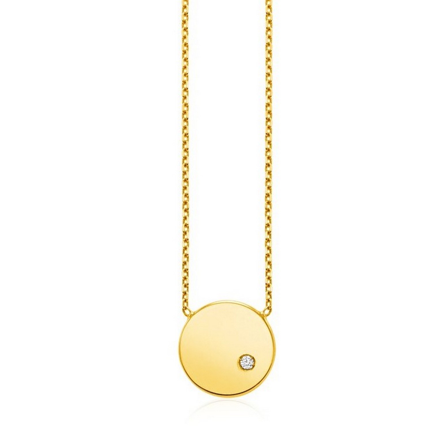 14k Yellow Gold Necklace with Polished Round Pendant with Diamond - Image 2