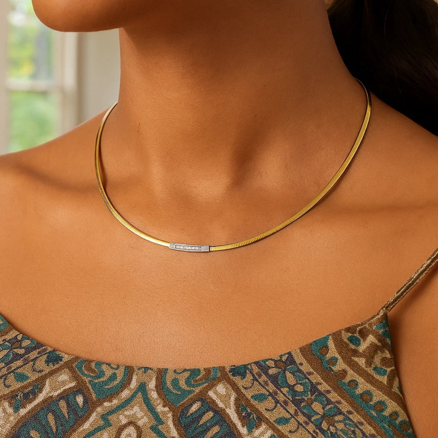 14K Yellow Gold Omega Diamond Bar Necklace - Image 2