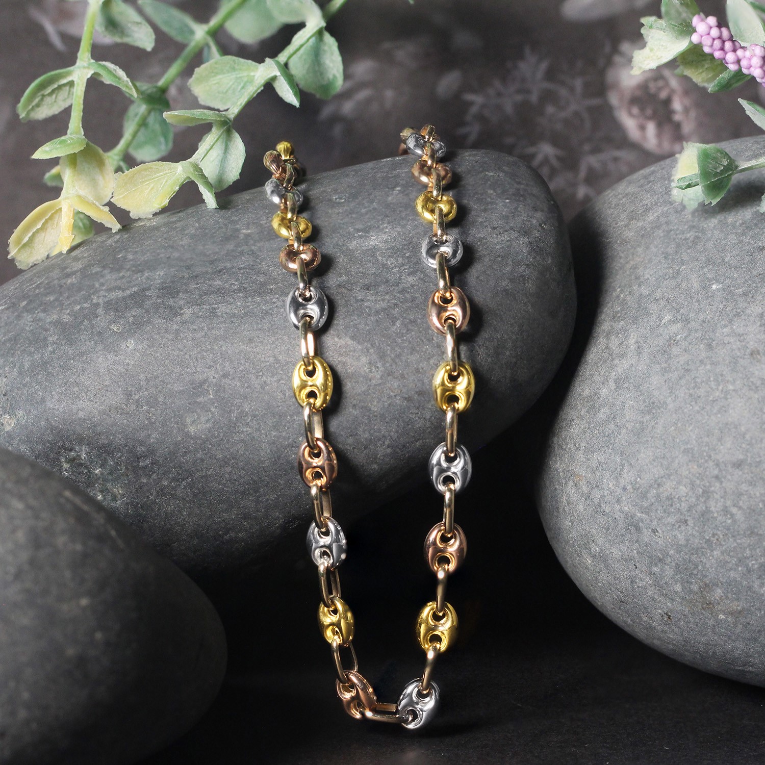 14k Tri Color Gold High Polish Puffed Mariner Link Chain (4.90 mm) - Image 2