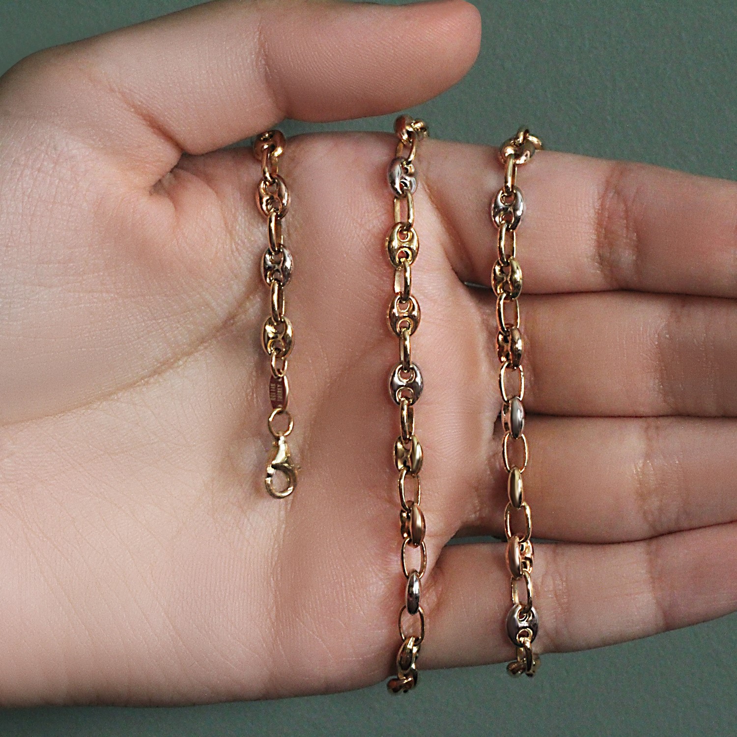 14k Tri Color Gold High Polish Puffed Mariner Link Chain (4.90 mm) - Image 4