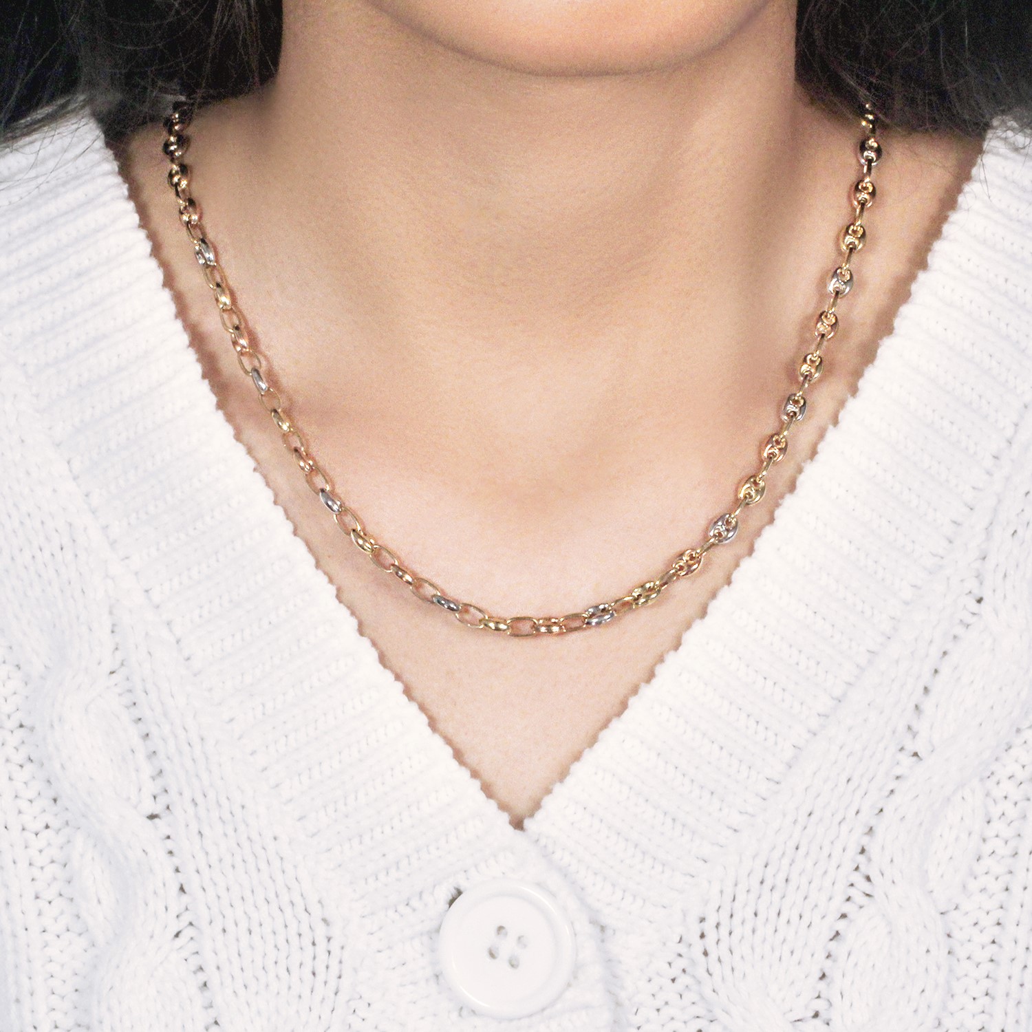 14k Tri Color Gold High Polish Puffed Mariner Link Chain (4.90 mm) - Image 5