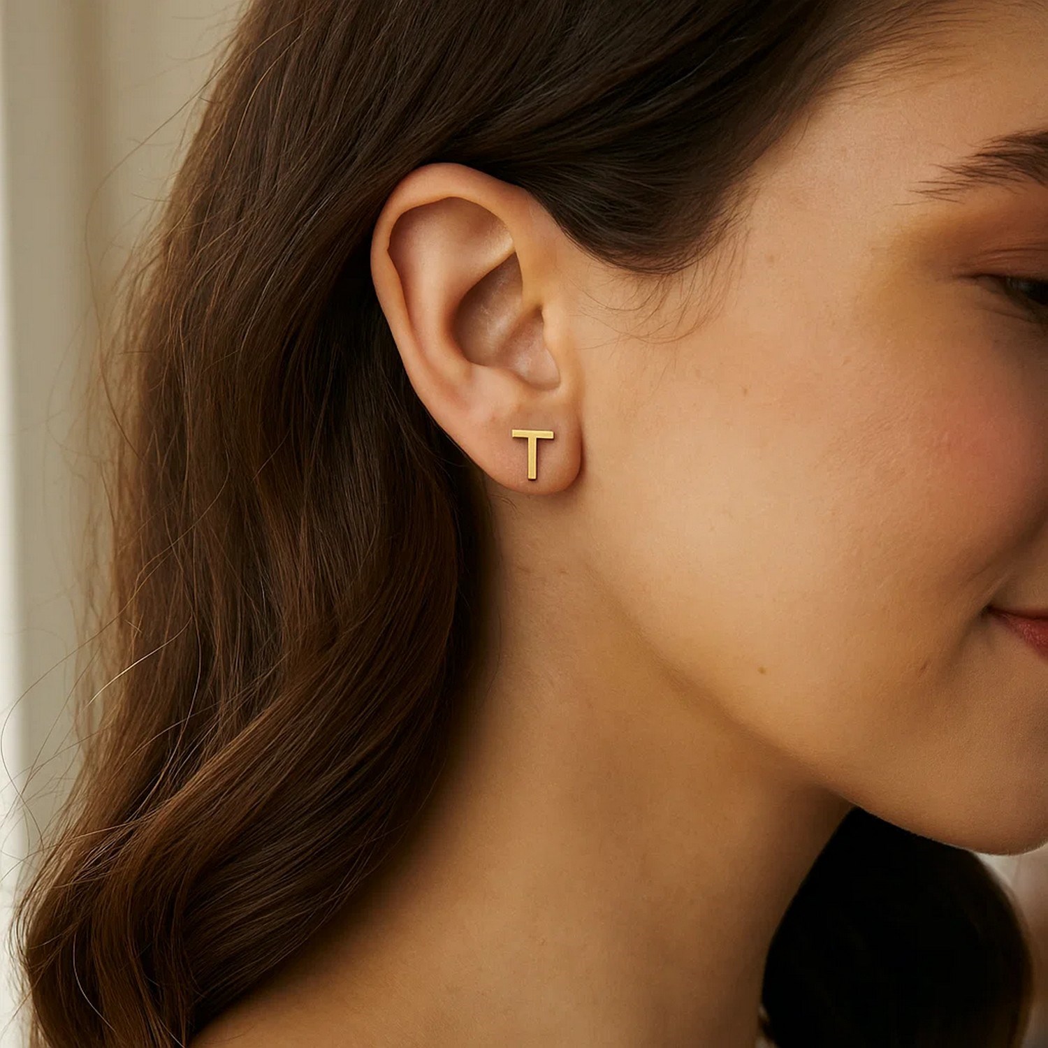 14K Yellow Gold Yours Truly Initial T Stud Earrings - Image 3