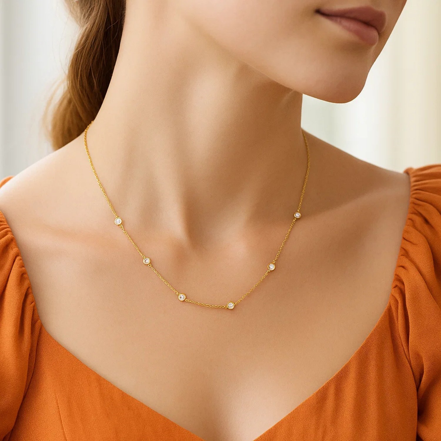 14k Yellow Gold Station Necklace with Round Diamonds - Image 3
