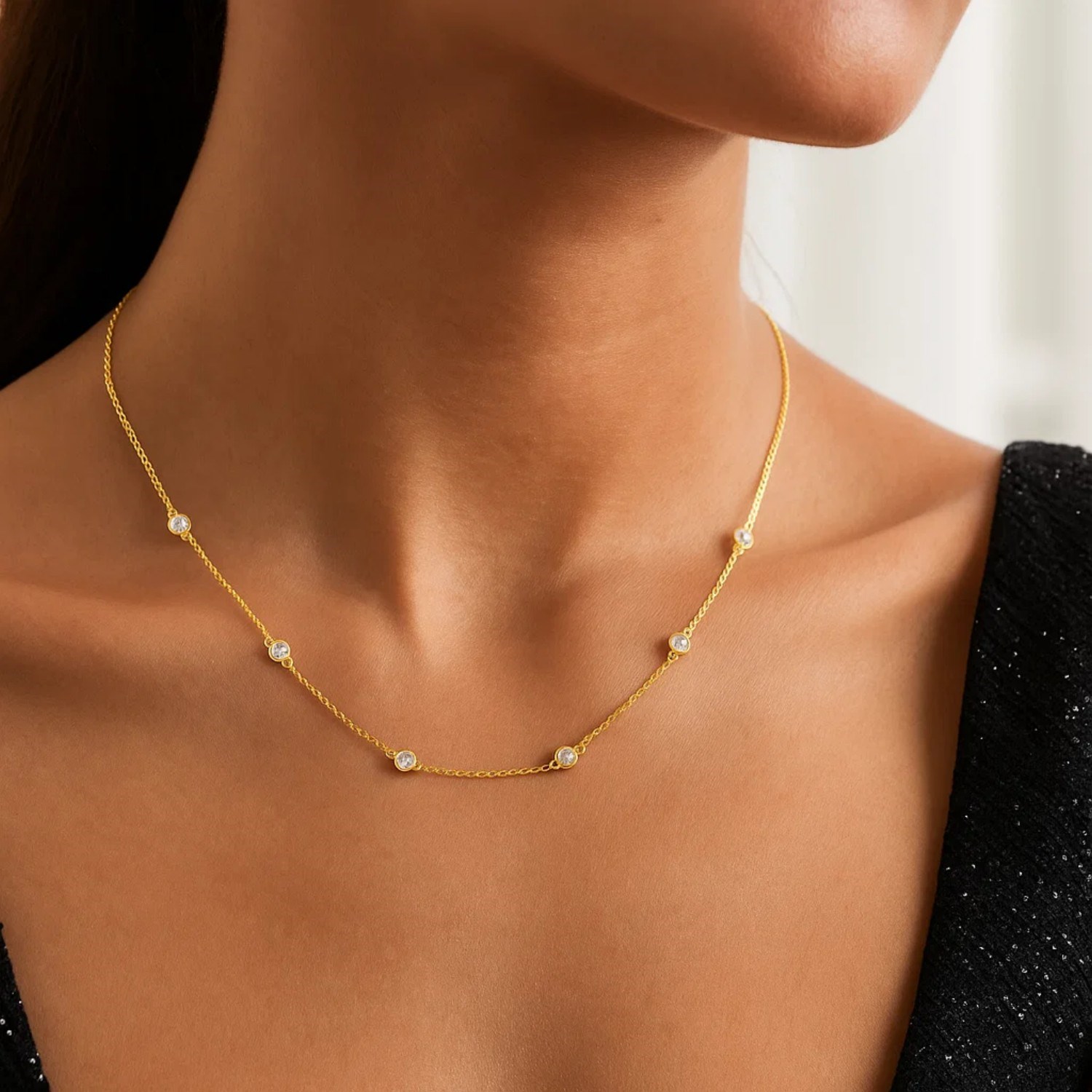14k Yellow Gold Station Necklace with Round Diamonds - Image 4