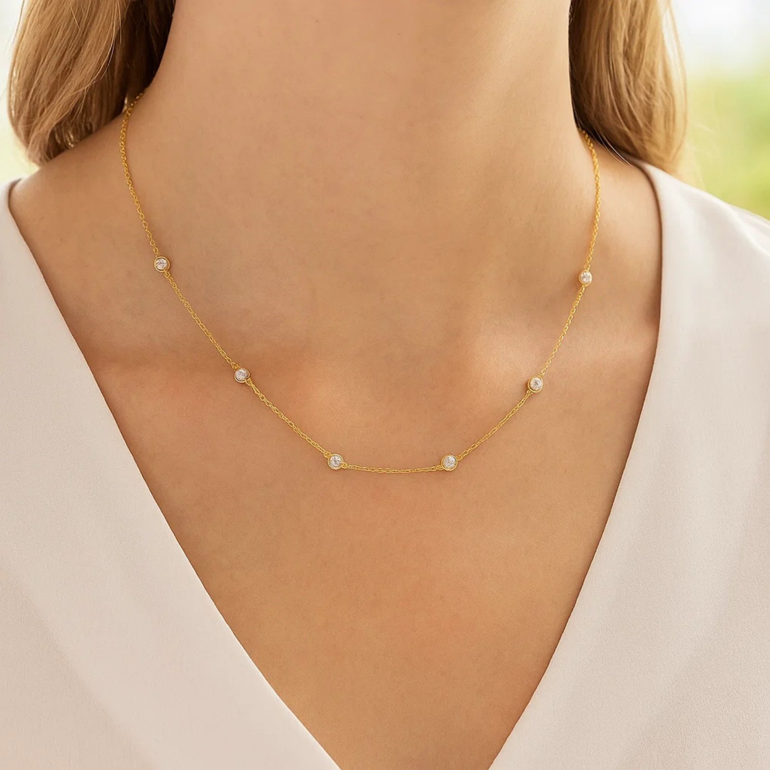 14k Yellow Gold Station Necklace with Round Diamonds - Image 5