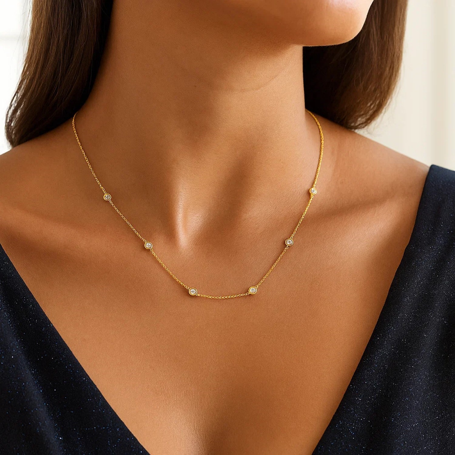 14k Yellow Gold Station Necklace with Round Diamonds - Image 6