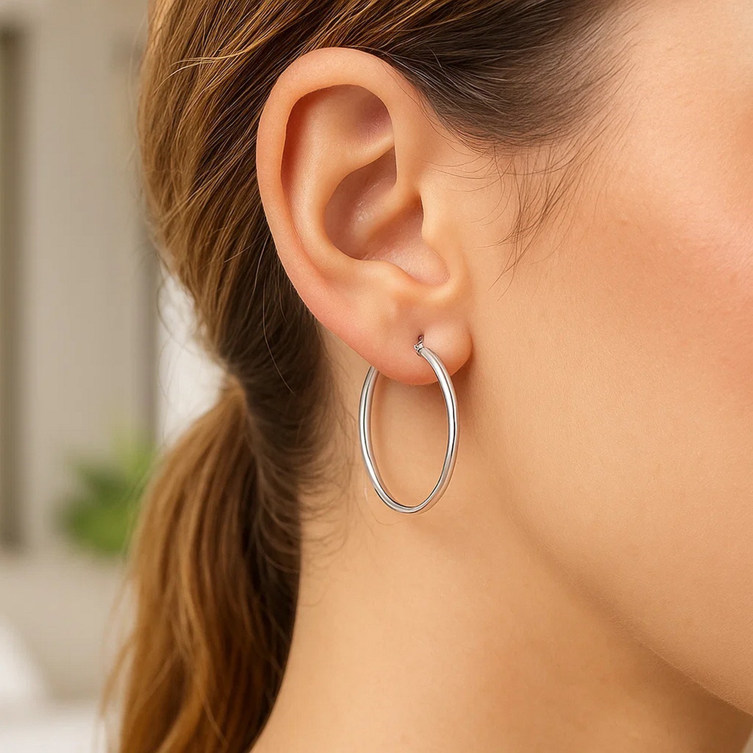 Sterling Silver Thin Polished Hoop Style Earrings with Rhodium Plating (2x30mm) - Image 3