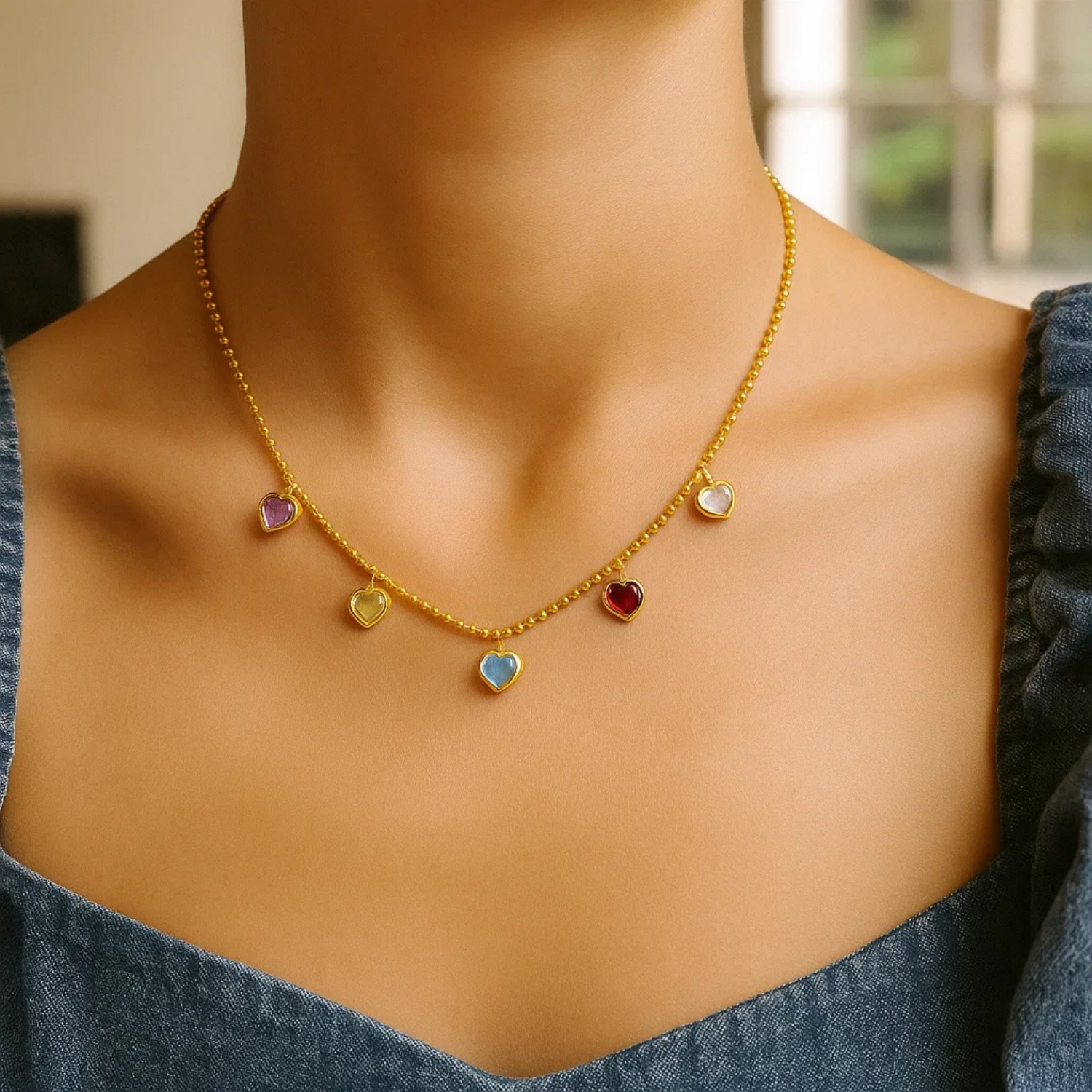 14K Yellow Gold Multi Gemstone Heart Necklace (1.50 mm) - Image 4