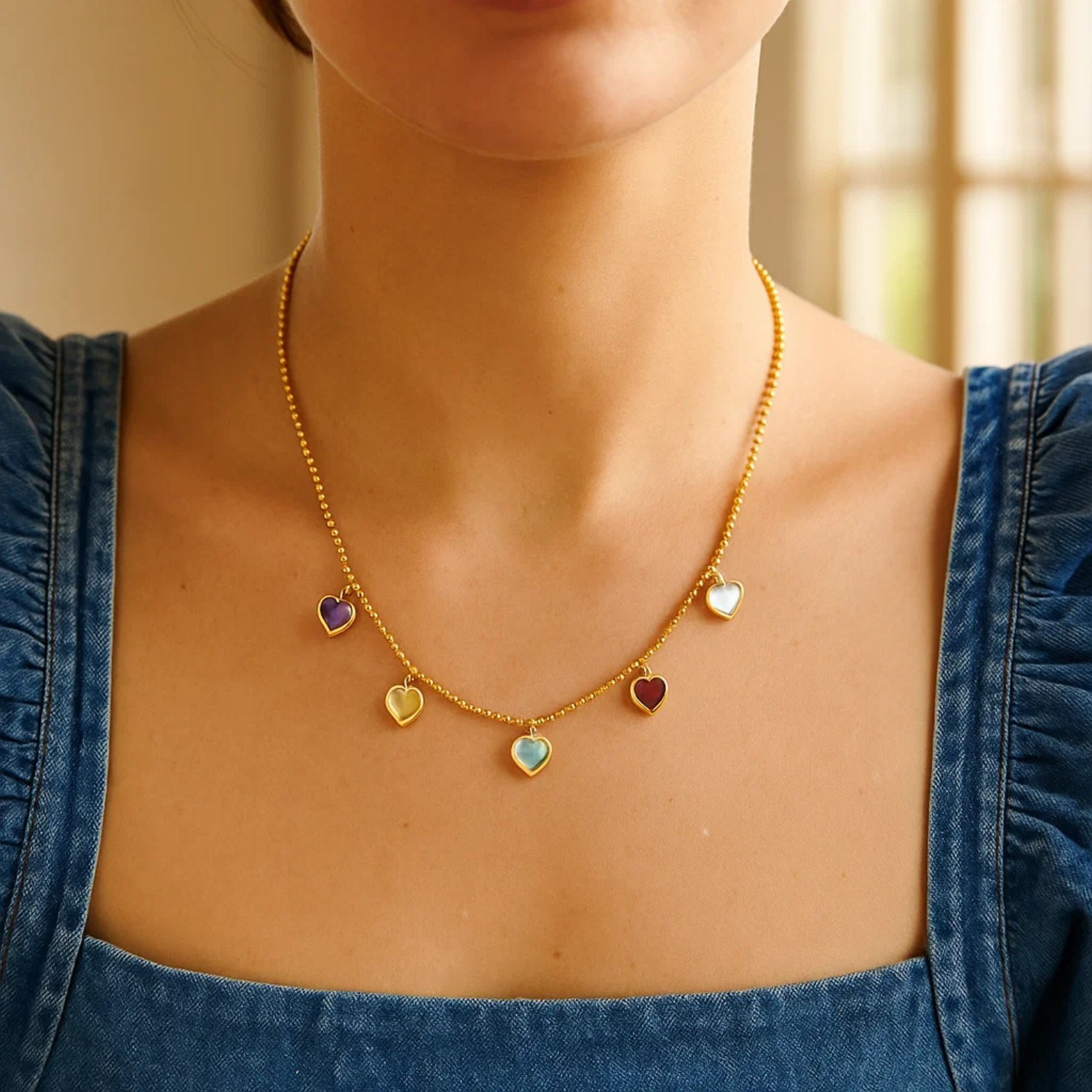 14K Yellow Gold Multi Gemstone Heart Necklace (1.50 mm) - Image 5