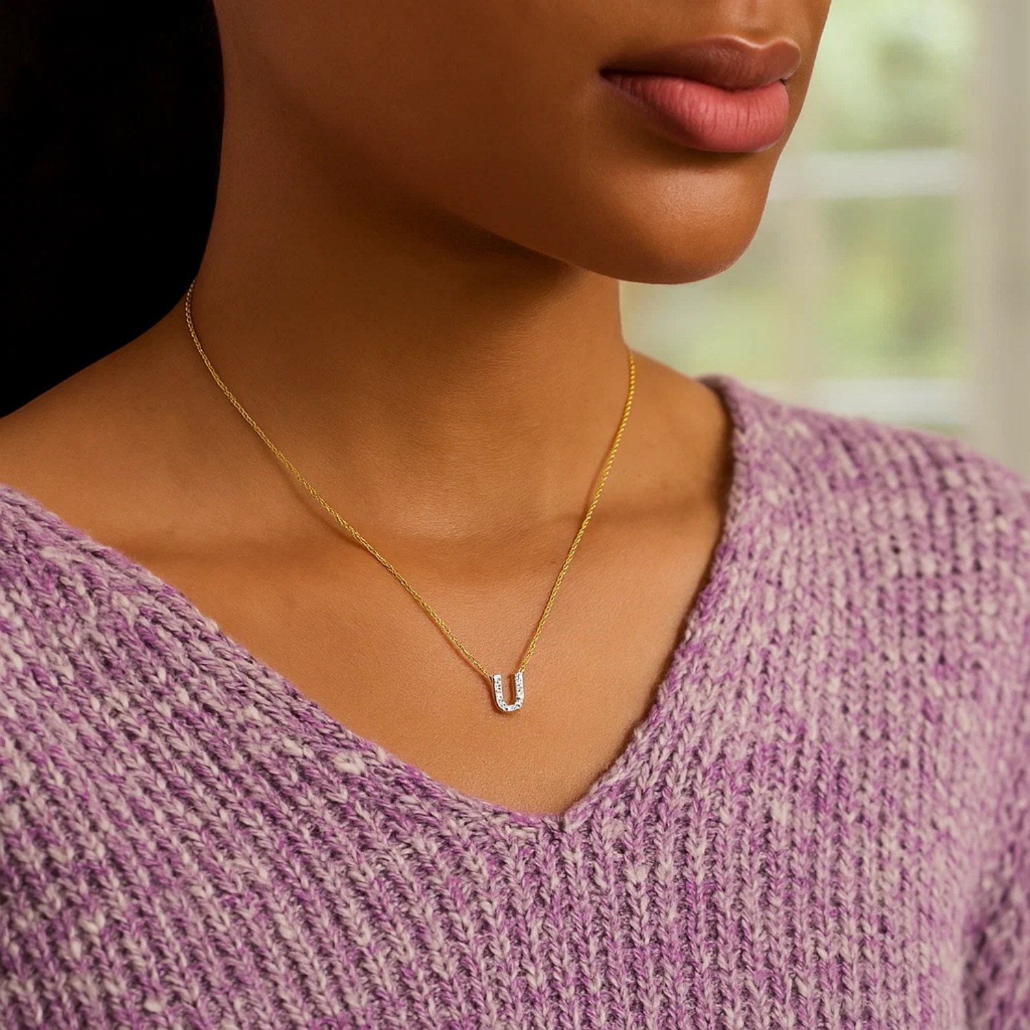 14K Yellow Gold Mini Diamond U Initial Pendant Necklace - Image 4