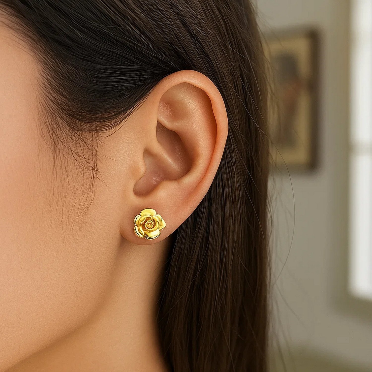 14k Yellow Gold Post Earrings with Roses(9.2mm) - Image 2