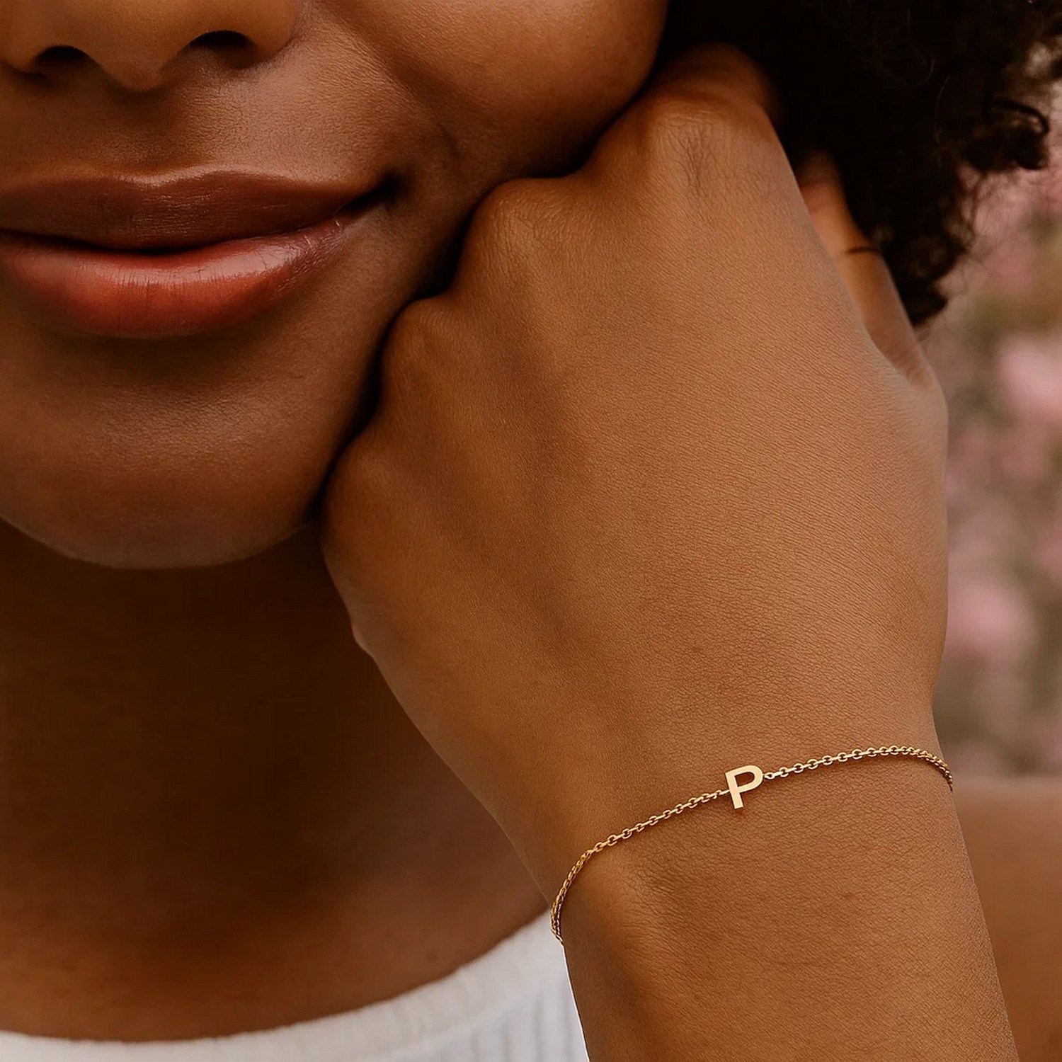 14K Yellow Gold Mini Initial P Bracelet - Image 4