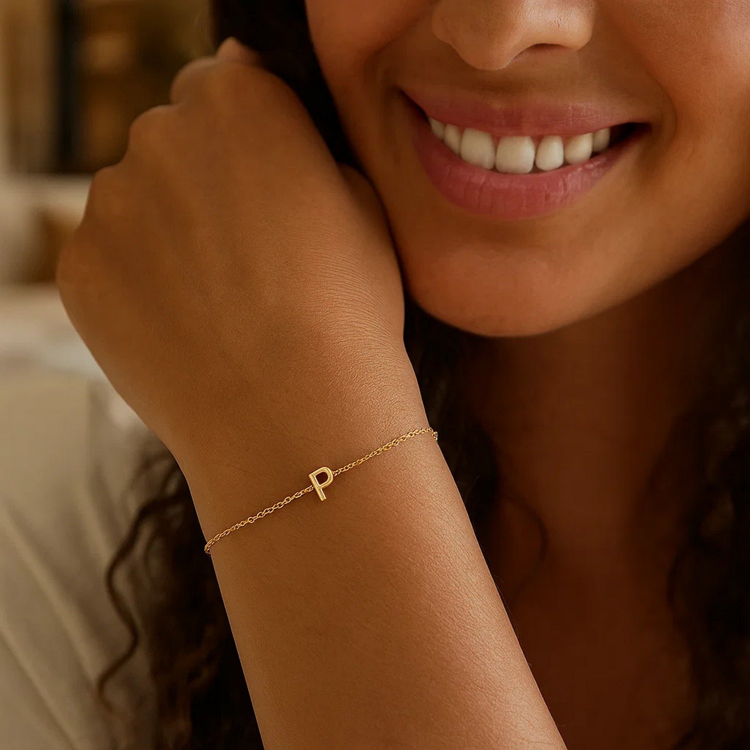 14K Yellow Gold Mini Initial P Bracelet - Image 5