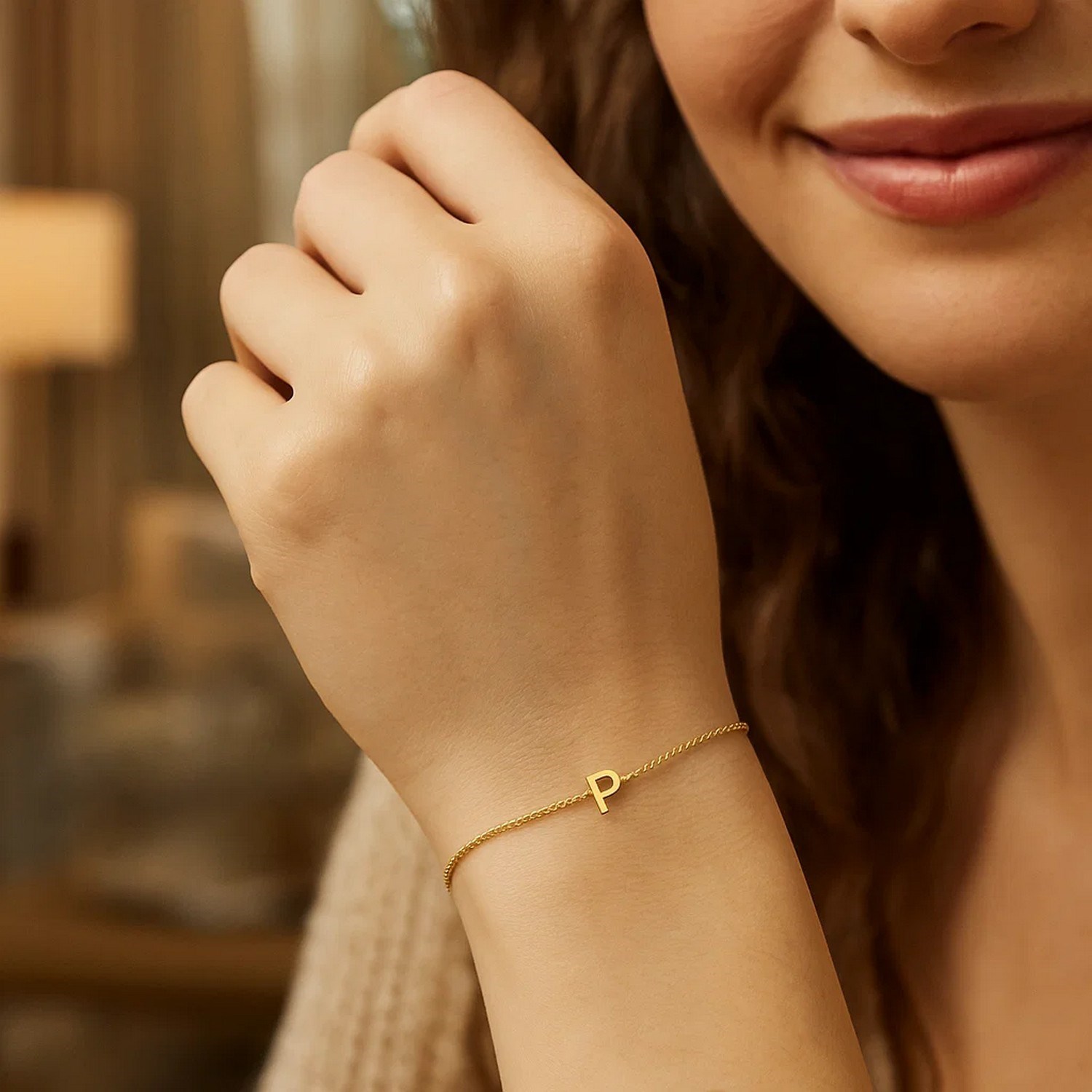 14K Yellow Gold Mini Initial P Bracelet - Image 6