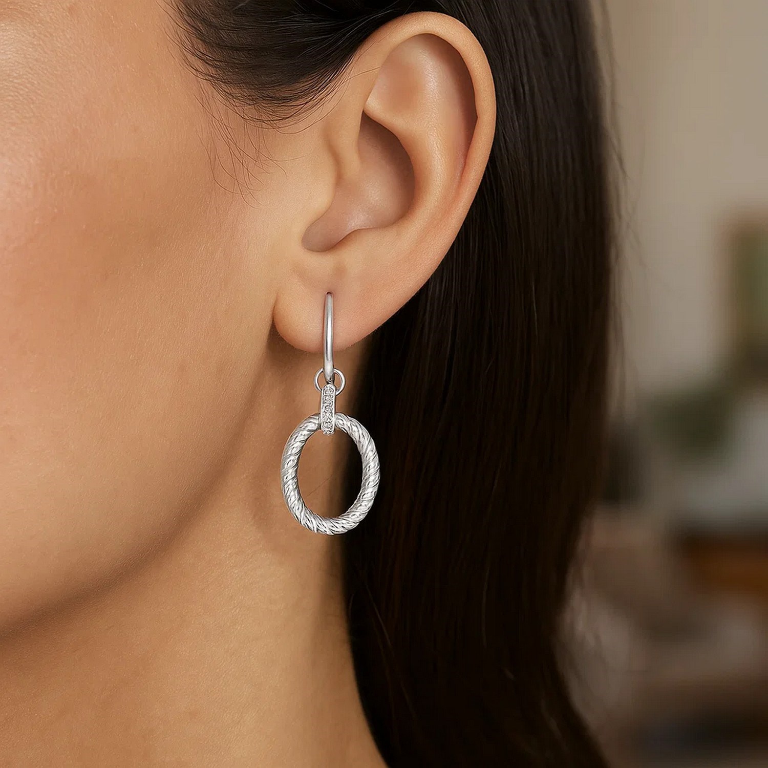 Sterling Silver Rhodium Finished Diamond Embellished Oval Rope Drop Earrings - Image 2