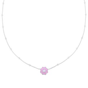 Sterling Silver Rhodium Plated Enamel Pink Flower Necklace