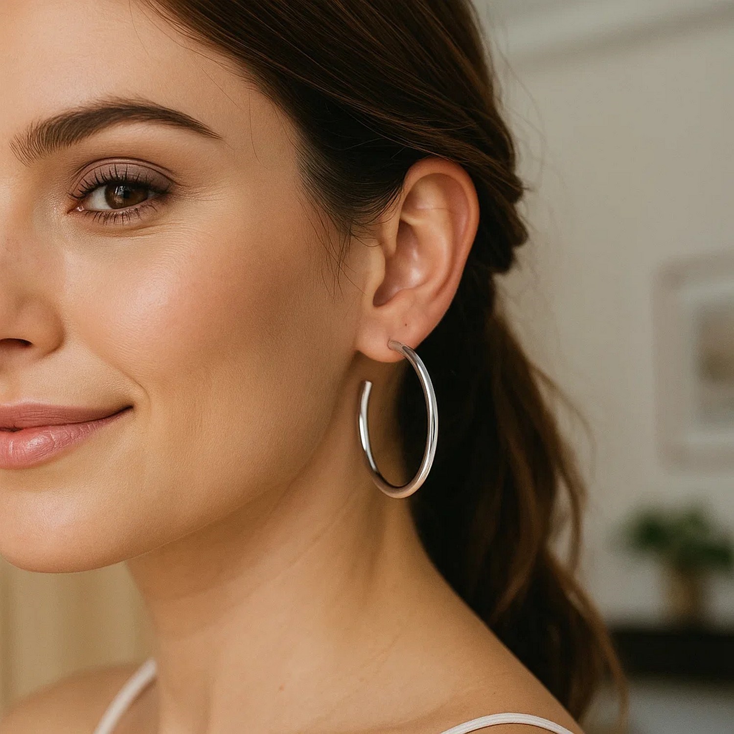 Sterling Silver Round Tube C Hoop Earrings - Image 2
