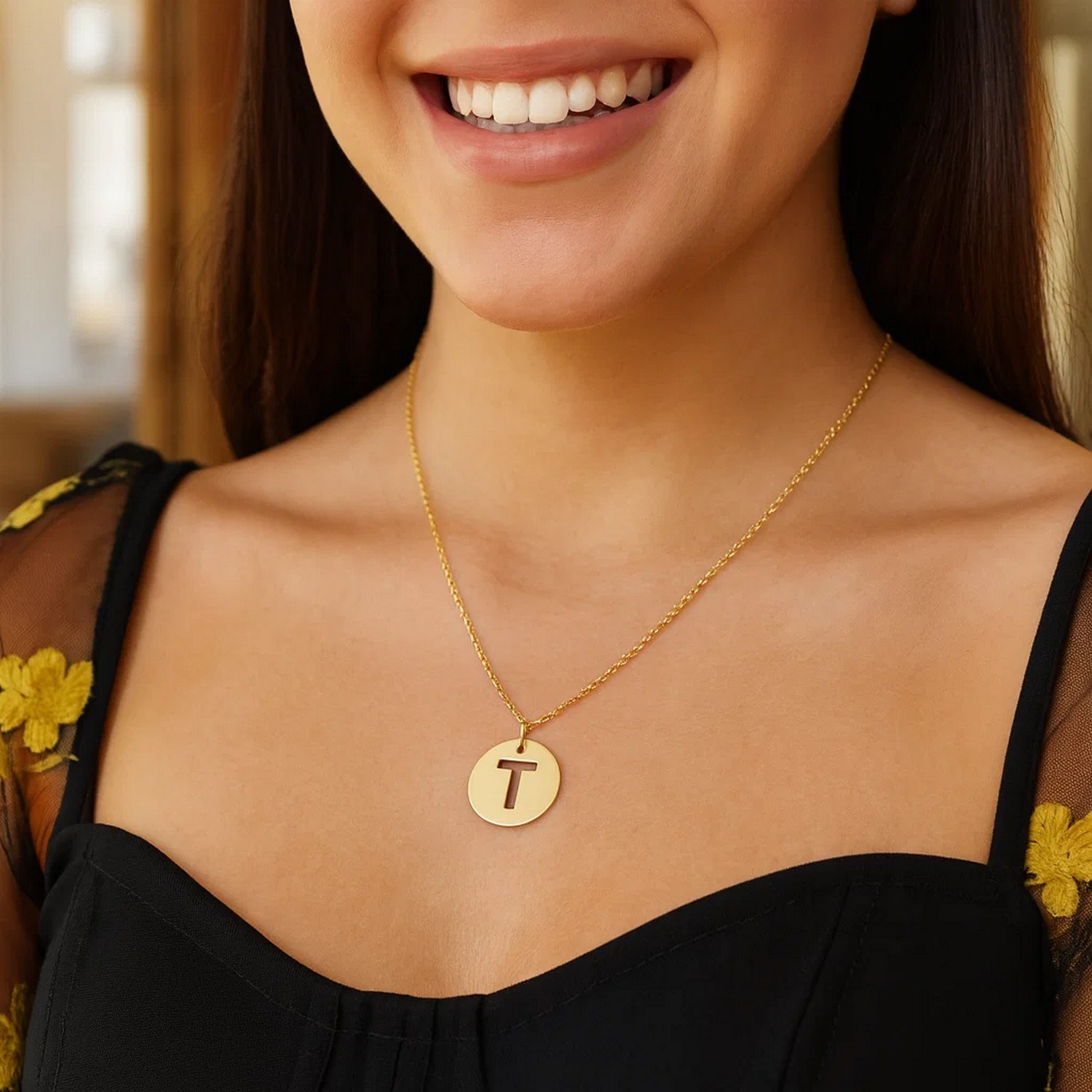14K Yellow Gold Disc Initial T Pendant - Image 2