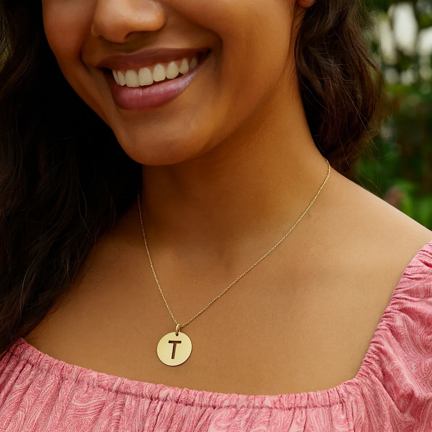 14K Yellow Gold Disc Initial T Pendant - Image 3